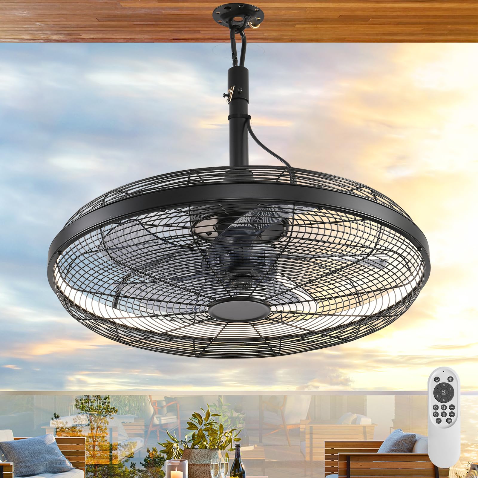 AHAWILL Outdoor Ceiling Fans with Lights, 20'' Gazebo Fan, Plug in Ceiling Fan for Patios, Pergola, Ceiling Fan with Remote Control, Hanging with Hook,Black