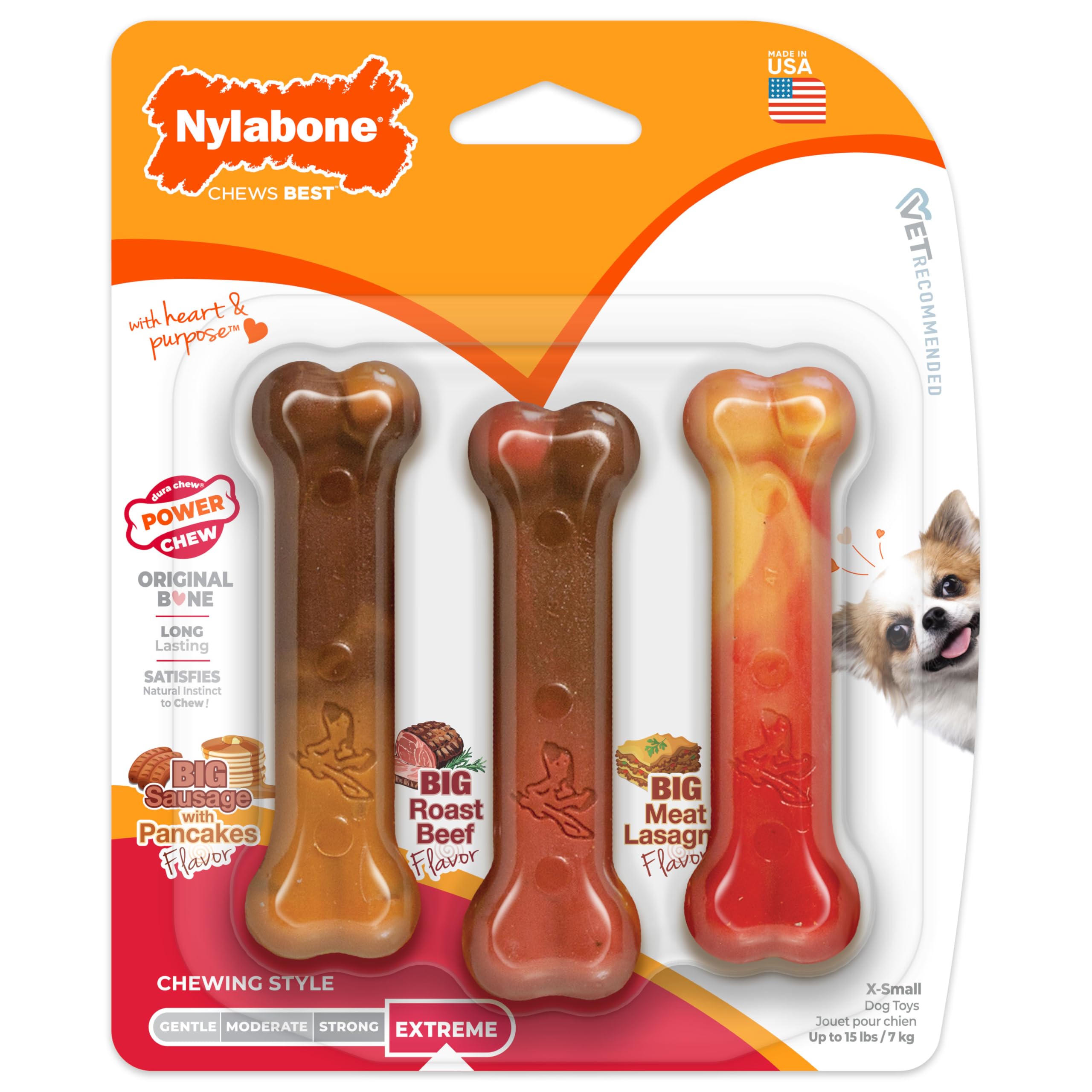 Nylabone Original Bone Power Chew Toy for Dogs, Durable Dog Toys for Aggressive Chewers, Flavor Frenzy Pancakes & Sausage, Roast Beef, & Lasagna,