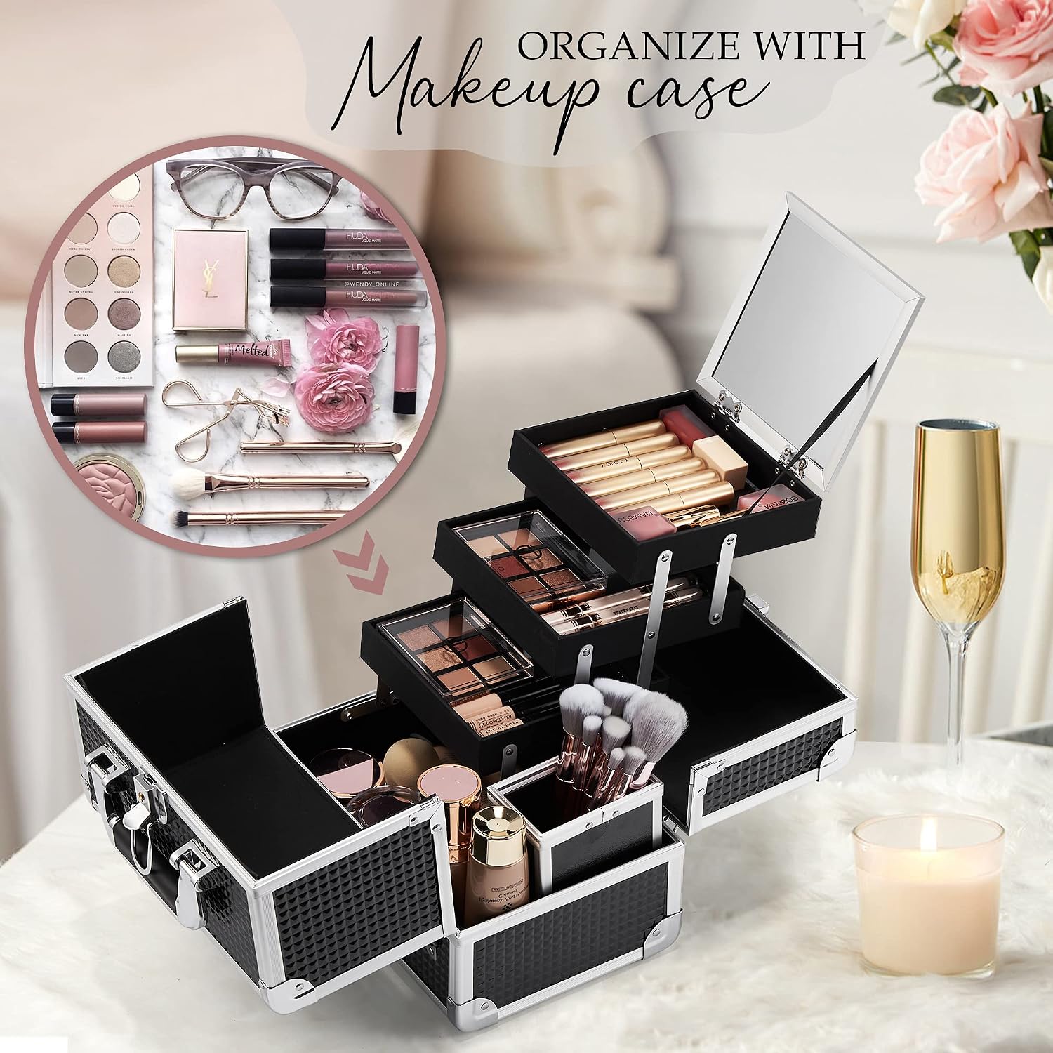 Costravio Makeup Train Case with Mirror & Brush Holder Cosmetic Box Organizer for Make-up and Jewelry Storage Box with 3-Tier Tackle Trays Portable Lockable Shiny Black Style