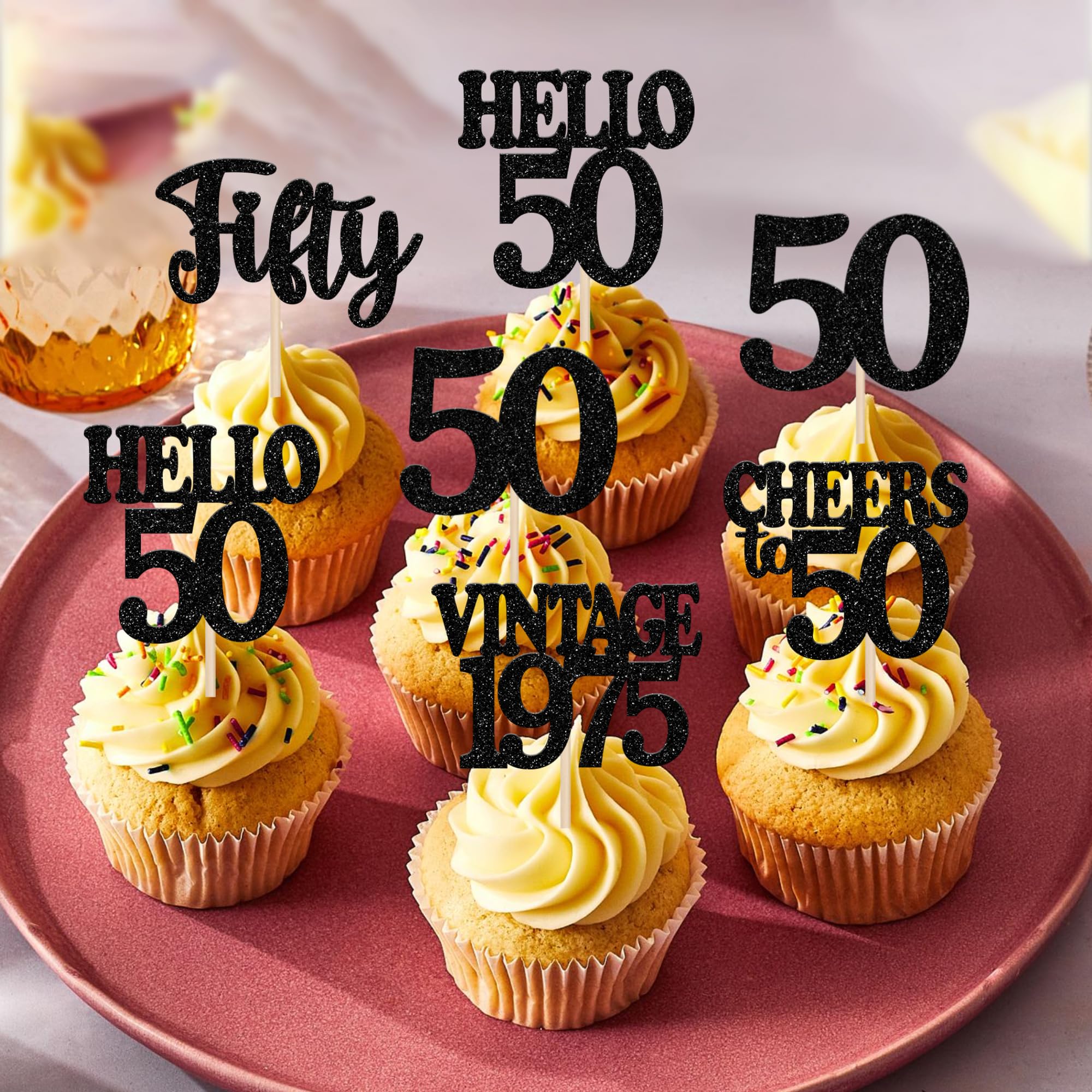 30-Pack Black 50th Birthday Cupcake Toppers - Glitter 'Straight Outta 1975' Funny Party Decorations