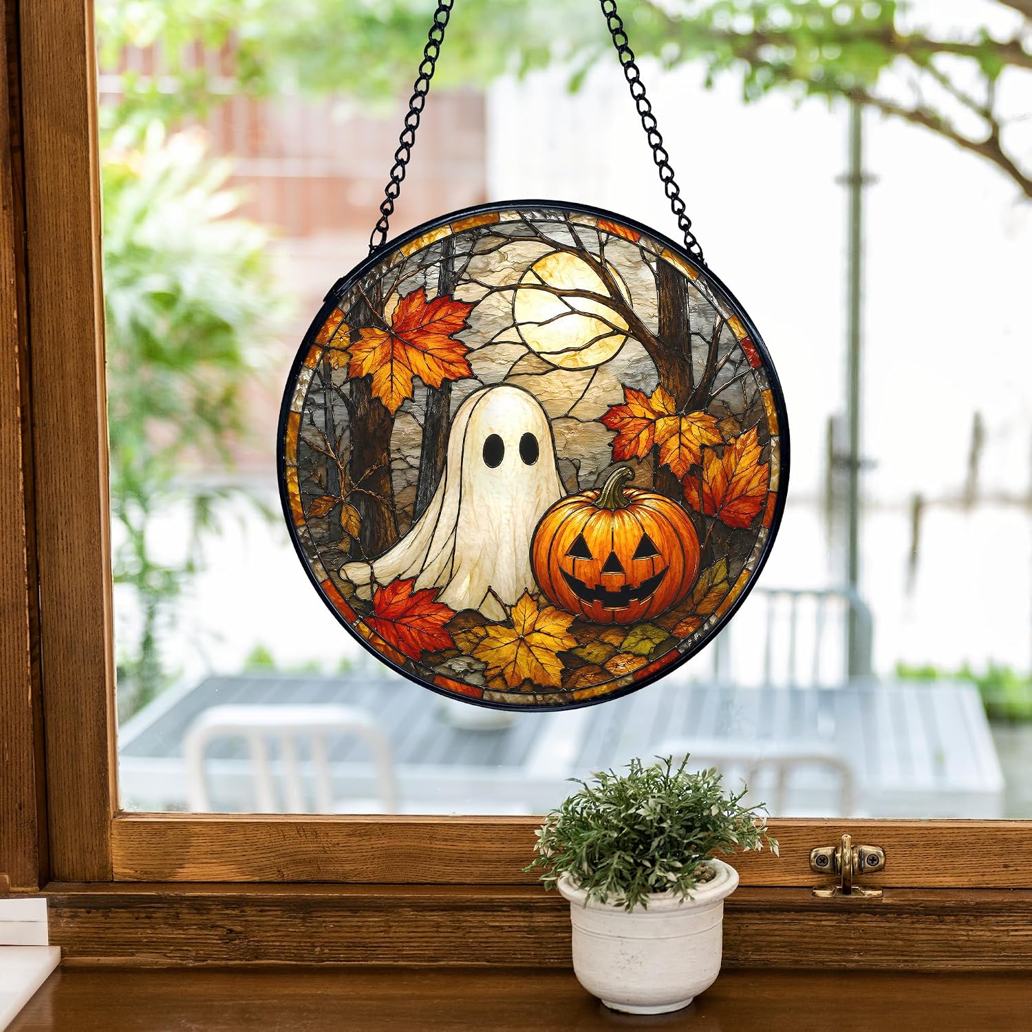 TNUW Halloween Ghost Pumpkin Stained Glass Window Hanging Suncatcher 7.9"