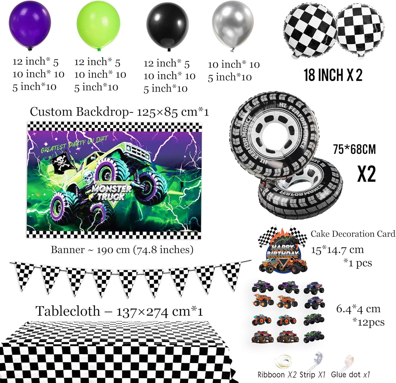 115 Pcs Monster Truck Birthday Party Decorations - Purple, Green & Black Balloon Arch Kit with Wheels Foil Balloons, Backdrop, Tablecloth Cake Toppers - Racing Theme Supplies for Boys