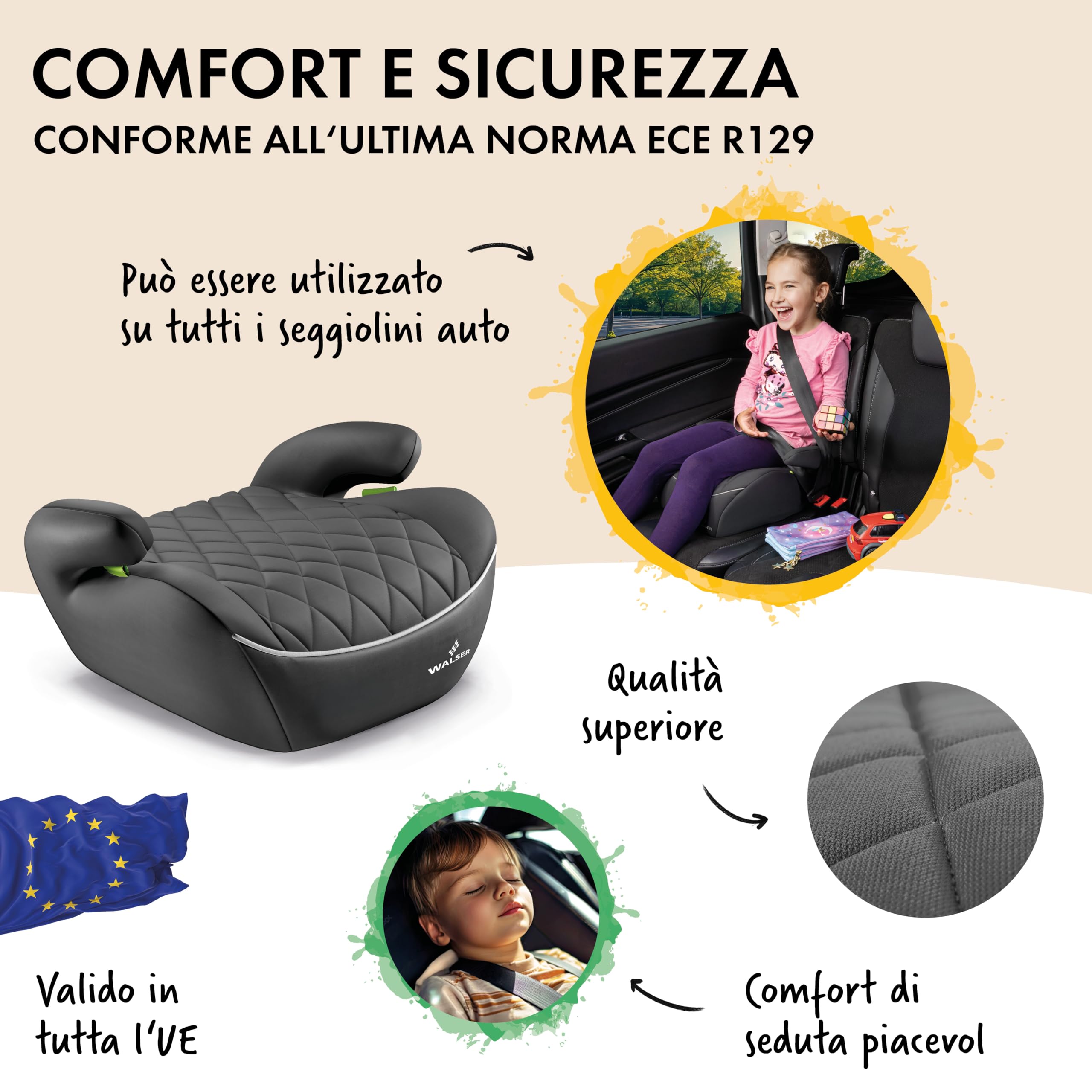 WALSER Premium seggiolino auto per bambini, seggiolino auto Andy 125-150 cm, sedile veicolo per bambini ultima norma 2024 ECE R 129 grigio
