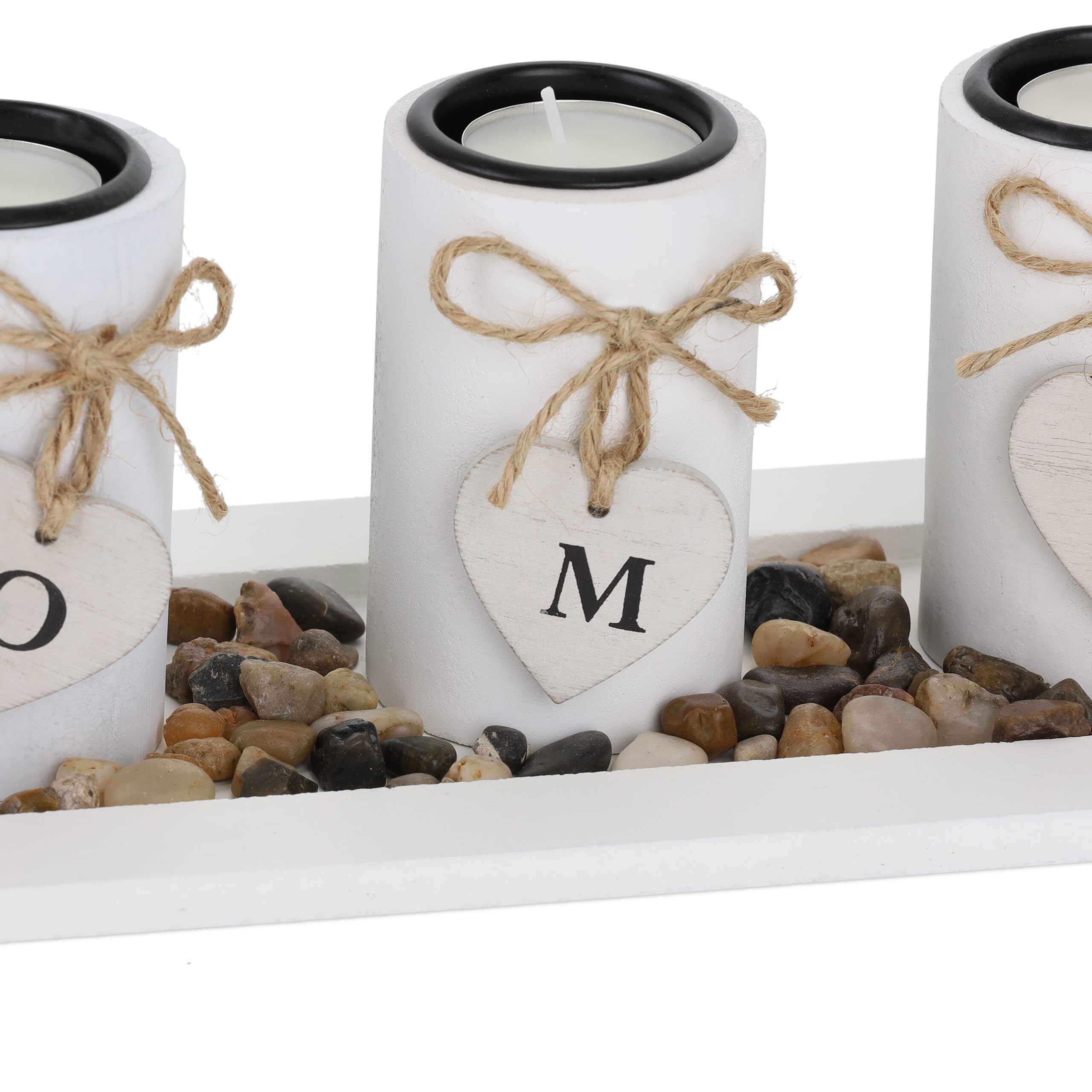 Relaxdays Portacandele Decorativo con Vassoio e Pietre, Lungo 39,5 cm, Decorazione per Tavolino e Soggiorno, Bianco