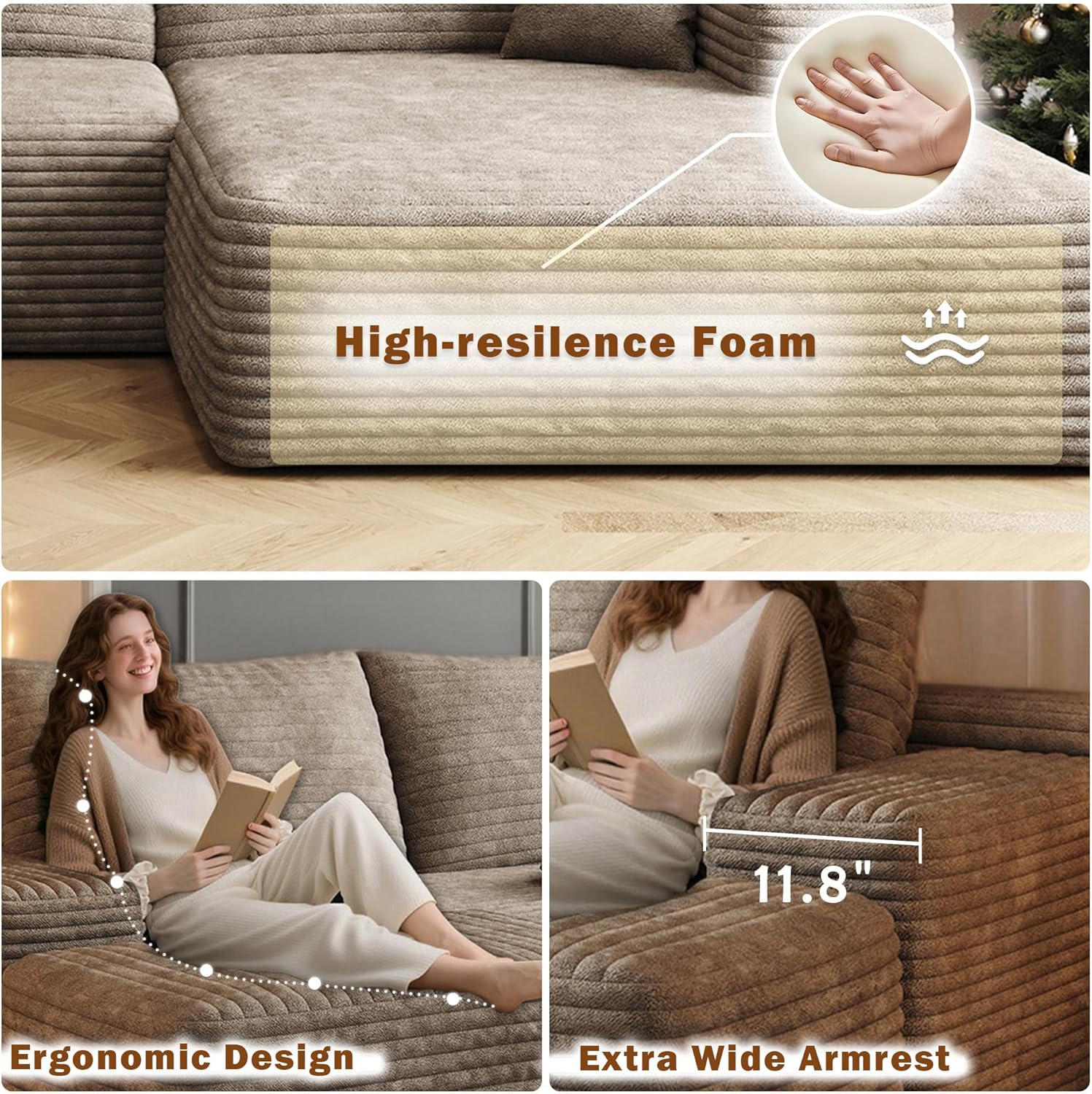108" W Corduroy Sectional Boneless Cloud Couch with Chaise & Ottoman, No Assembly Required, U Shaped Modular Sectional Sofa, Cozy Fluffy Sofa for Living Room (Camel, Left Facing Chaise+Ottoman) | Luxurious