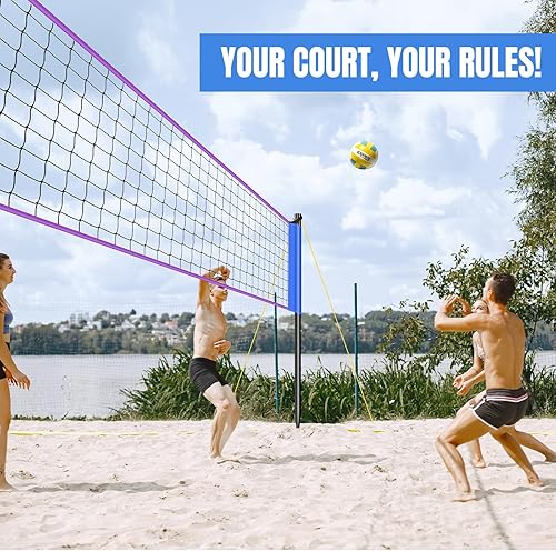 Miniatura 7 de Red de voleibol portátil para patio trasero y playa, juego de voleibol al aire libre de 32 pies con altura ajustable (8 pies7.8 pies7.4 pies), línea