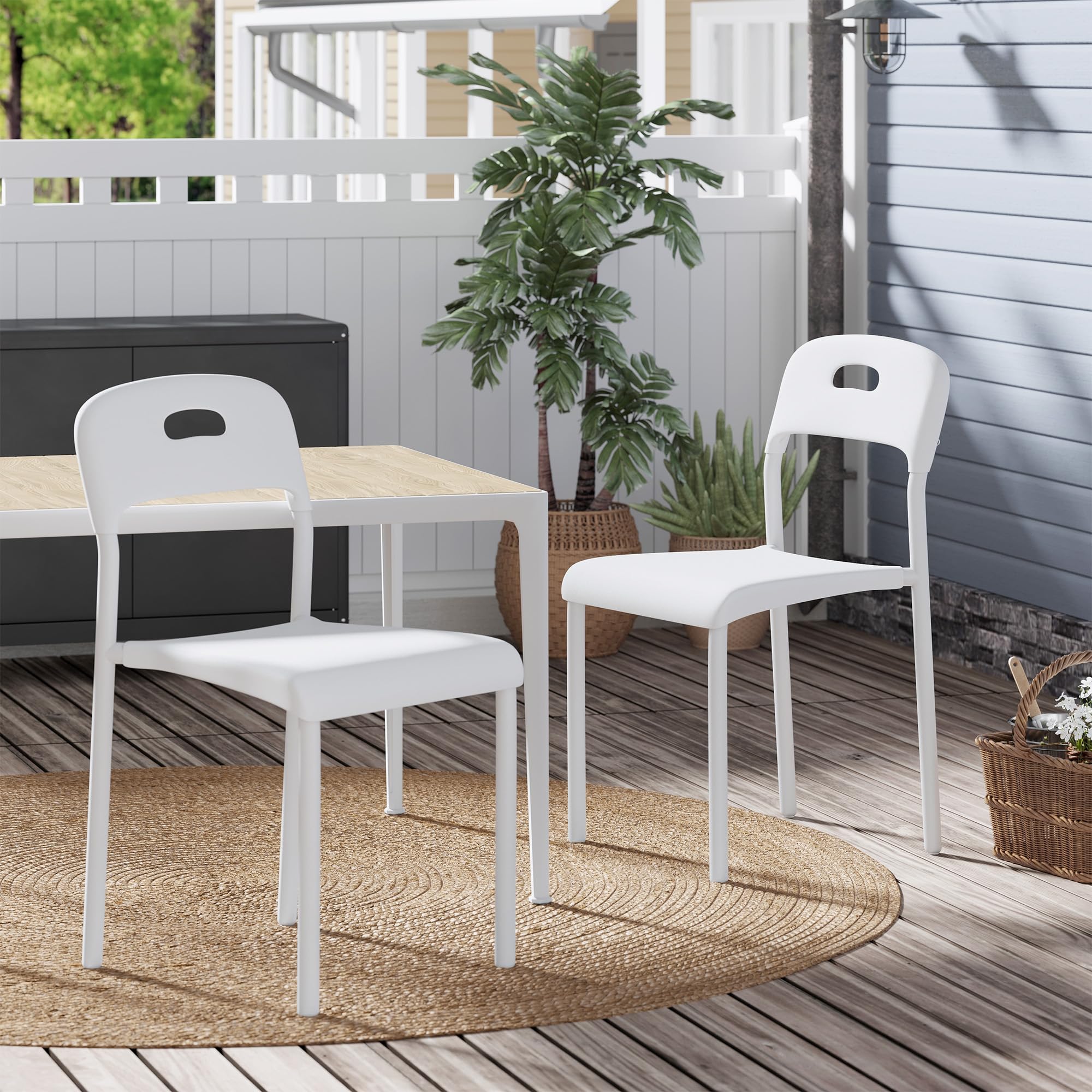 IDEALHOUSE Stackable Dining Chairs Set of 2, Kitchen Chair with Metal Legs and Ergonomic Plastic Seat, Waterproof & Stain-Resistant, Suitable for Outside, Office, Living Room, Easy Assembly, White