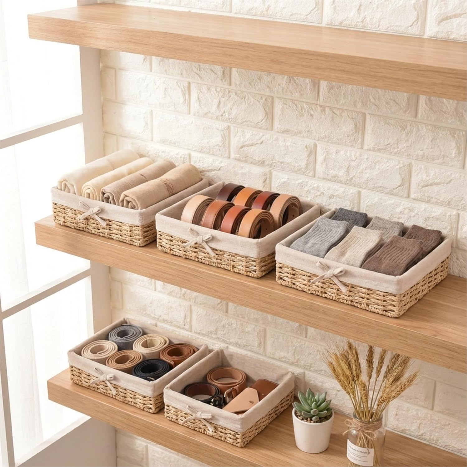 Set of 4 Wicker Baskets for Organizing – Khaki Paper Rope, Fabric Lined Shallow Shelf Storage Bins, Handwoven Rectangular Pantry & Closet Organizer Baskets