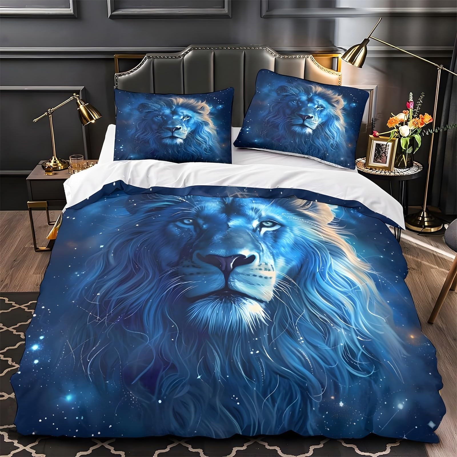 Small Single Duvet Cover Set Lion Bedding Set Microfiber Starry Sky Duvet Covers with Pillowcases Reversible Bedding With Zipper Closure 120x150CM