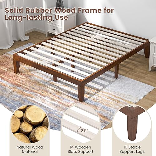 Miniatura 94 de Giantex Base de cama de plataforma de madera matrimonial de 14 pulgadas, base de colchón de estilo minimalista con madera de goma maciza, soporte de
