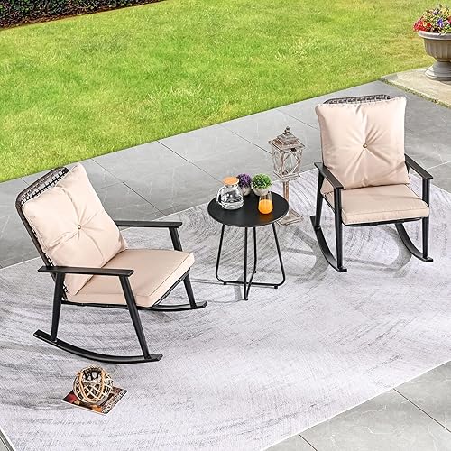 3 Piece Outdoor Rocking Bistro Set Patio Wicker Furniture Porch