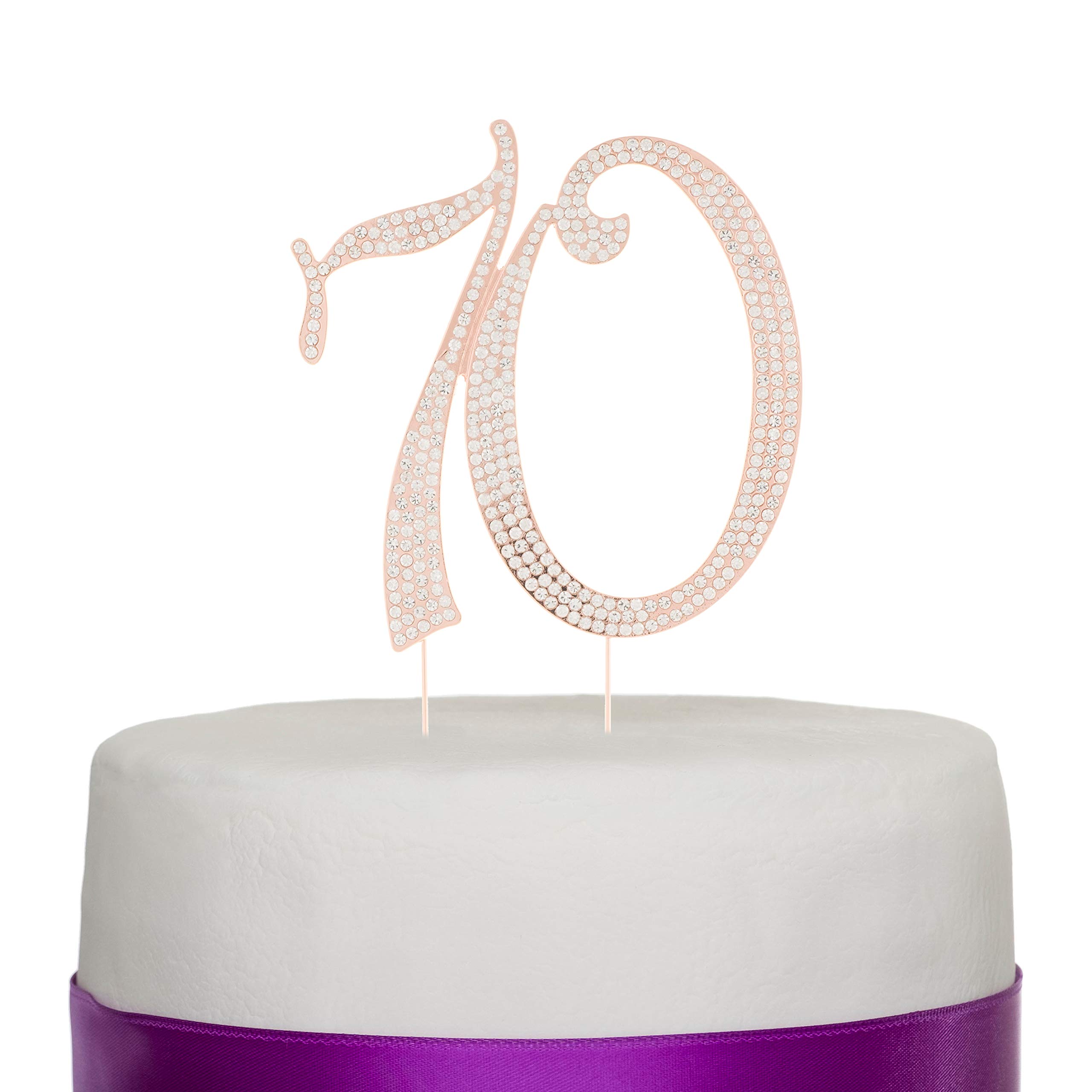 Ella Celebration 70 Cake Topper for 70th Birthday or Anniversary - Silver Rhinestone Metal Number Party Decoration (Rose Gold)