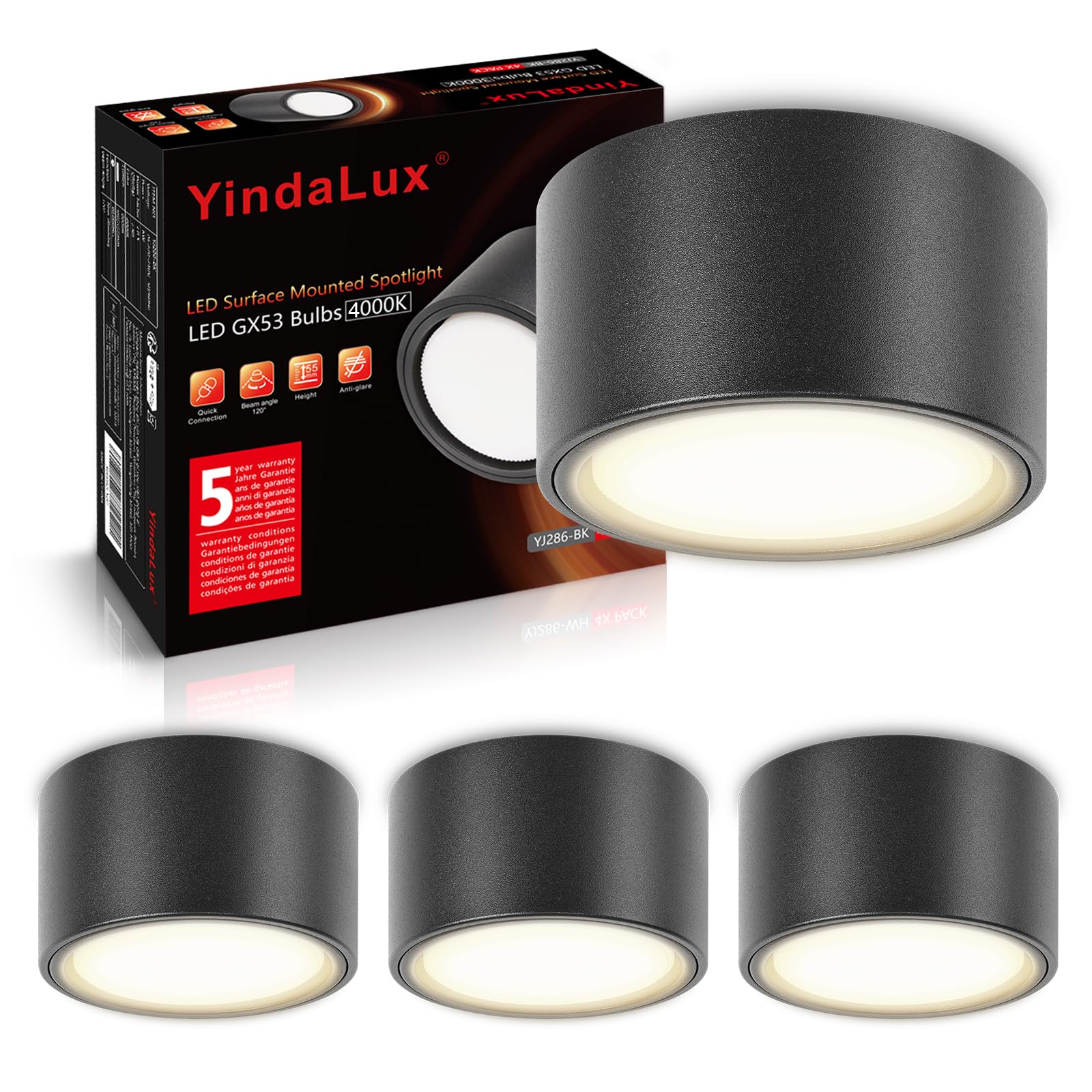 YindaLux 4 Stück LED Aufbauspot Schwarz 230V Ø95x55mm Decken Aufbaustrahle inkl. 6W GX53 Leuchtmittel Neutralweiß 4000K 660LM Deckenspot Aufputz Deckenstrahler mit großer Leuchtfläche Spotleuchte