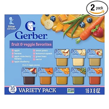 Gerber Purees 2nd Foods Veggie & Fruit Variety Pack, 8 Ounces, Box of 16 (Packaging May Vary)