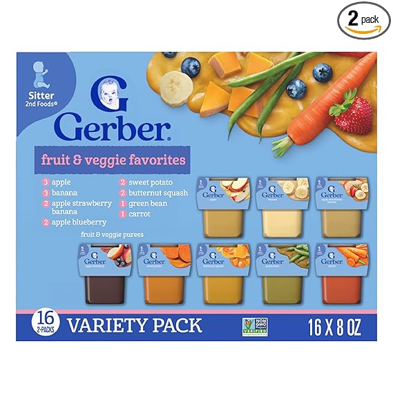 Gerber Purees 2nd Foods Veggie & Fruit Variety Pack, 8 Ounces, Box of 16 (Packaging May Vary)