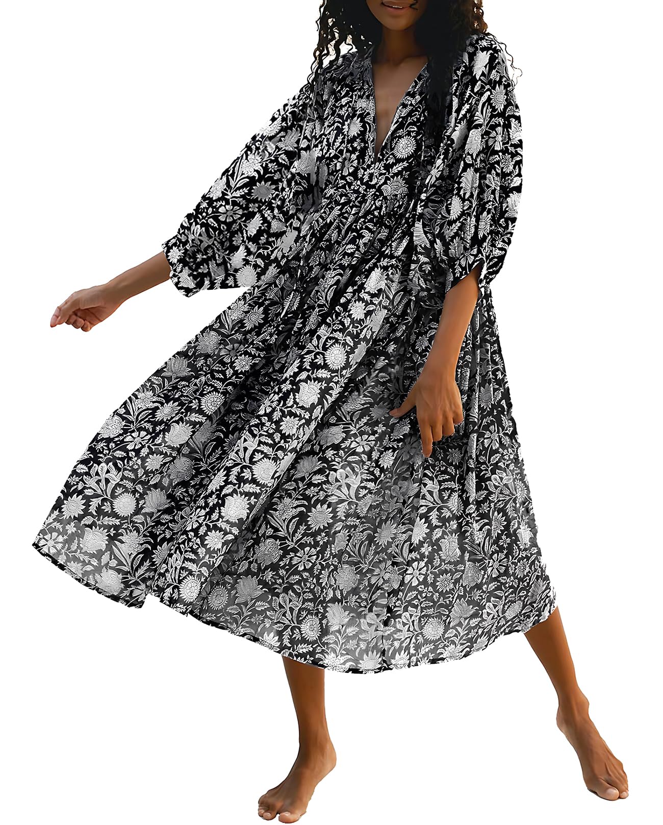 Casual Summer Dresses for Women Deep V Puff Sleeve Boho Midi Floral Dress
