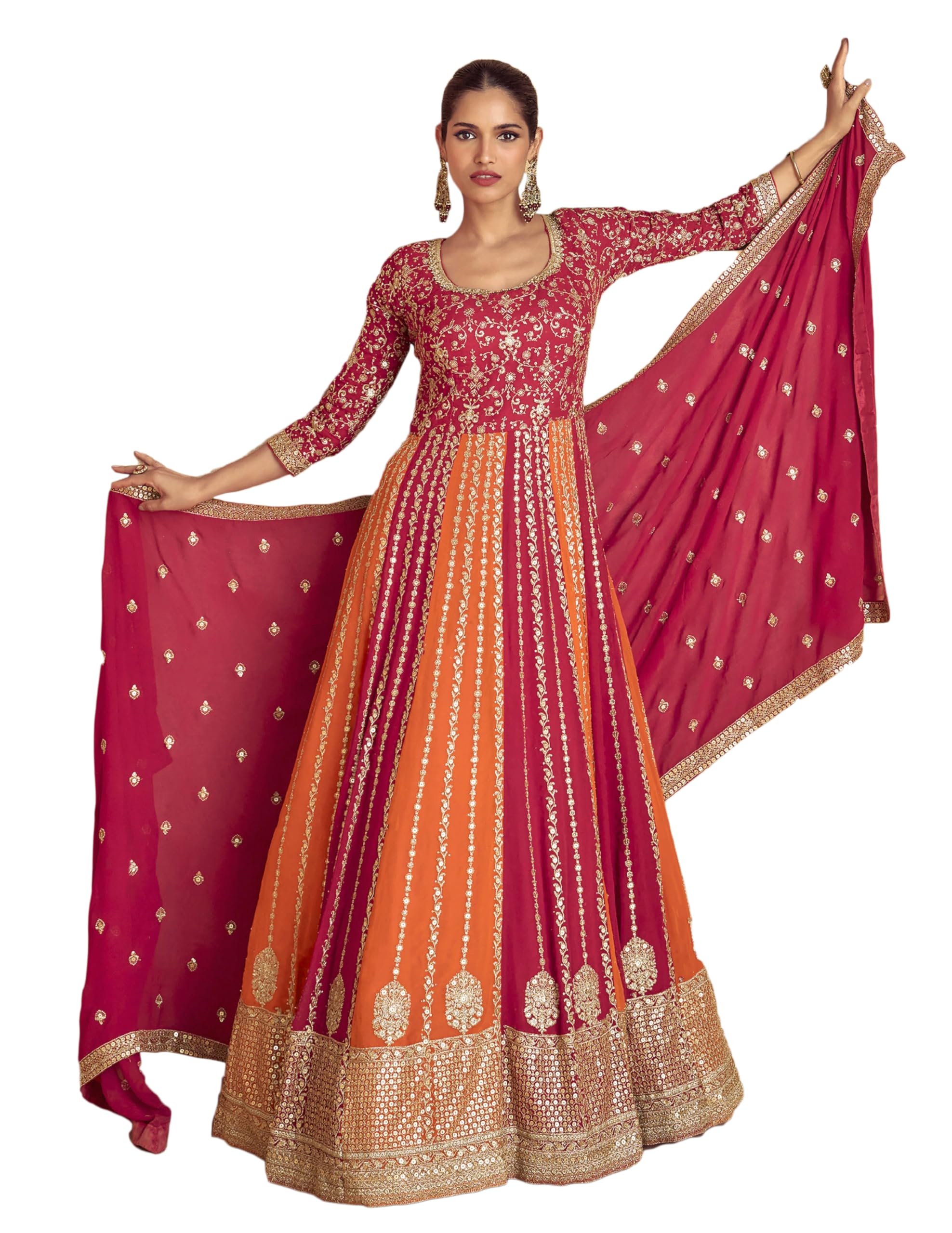 Women's Pink Chinon Stitched Gown with Dupatta 3/4 Sleeve Embroidered Anarkali Gown (ME-1231)