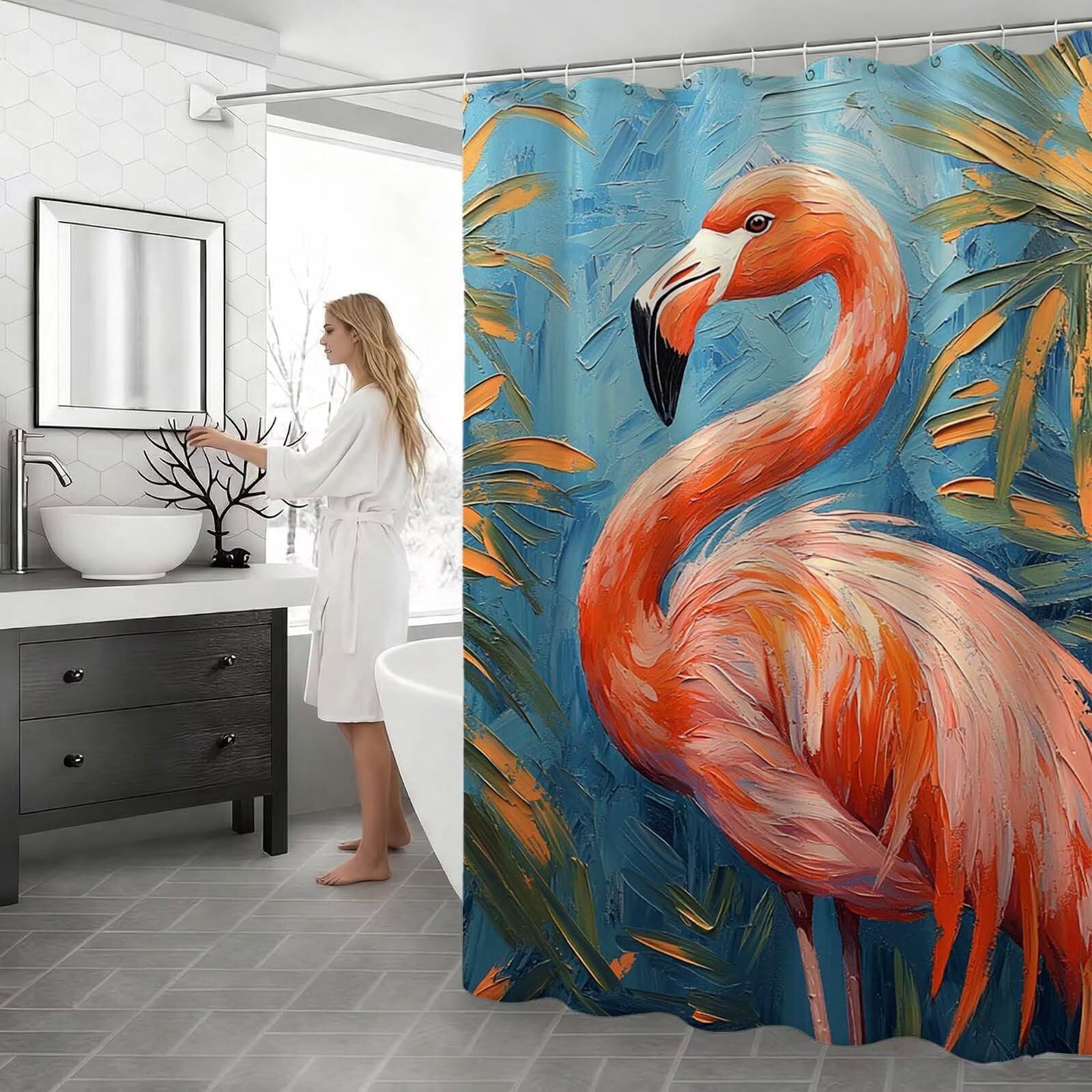 Rideau de Douche 240 x 180 cm, Rideaux de Douche Tropical Lavable avec 12 Crochets, Imperméable Rideaux Flamants roses, Facile à Nettoyer, Séchage Rapide Rideau, pour Décoration Baignoire D-9469