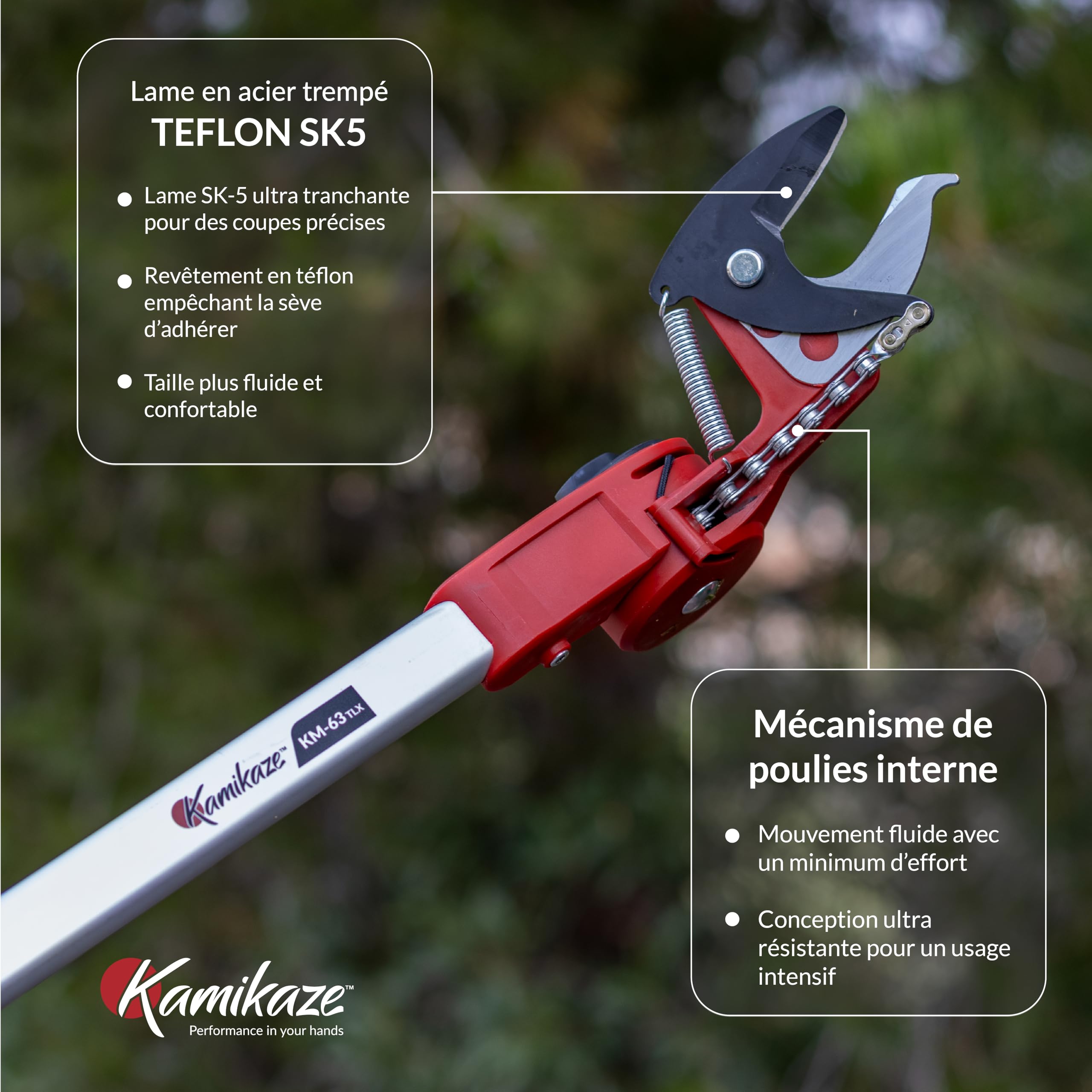 KAMIKAZE Échenilloir Coupe-Branches Télescopique jusqu'à 4 m. Mécanisme de Poulies Réducteur d'Effort. Tête Rotative et Lame en Acier SK5 avec Revêtement Antiadhésif. Sécateur Télescopique KM-63TLX