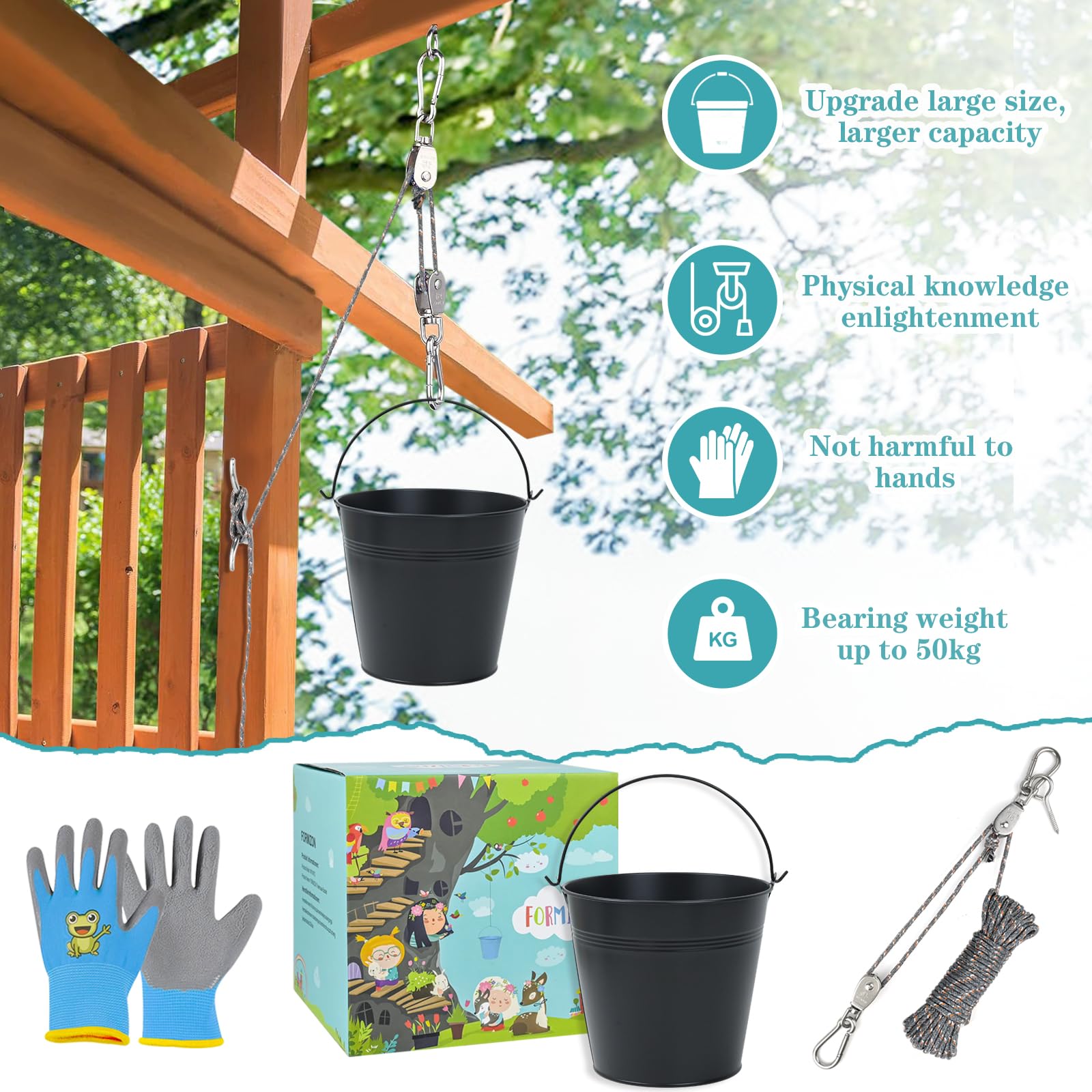 FORMIZON Puleggia per bambini, puleggia con secchio in metallo, sistema puleggia per bambini e secchio pieghevole, accessori per capanna in alberi e torre di gioco, giocattoli da giardino per bambini