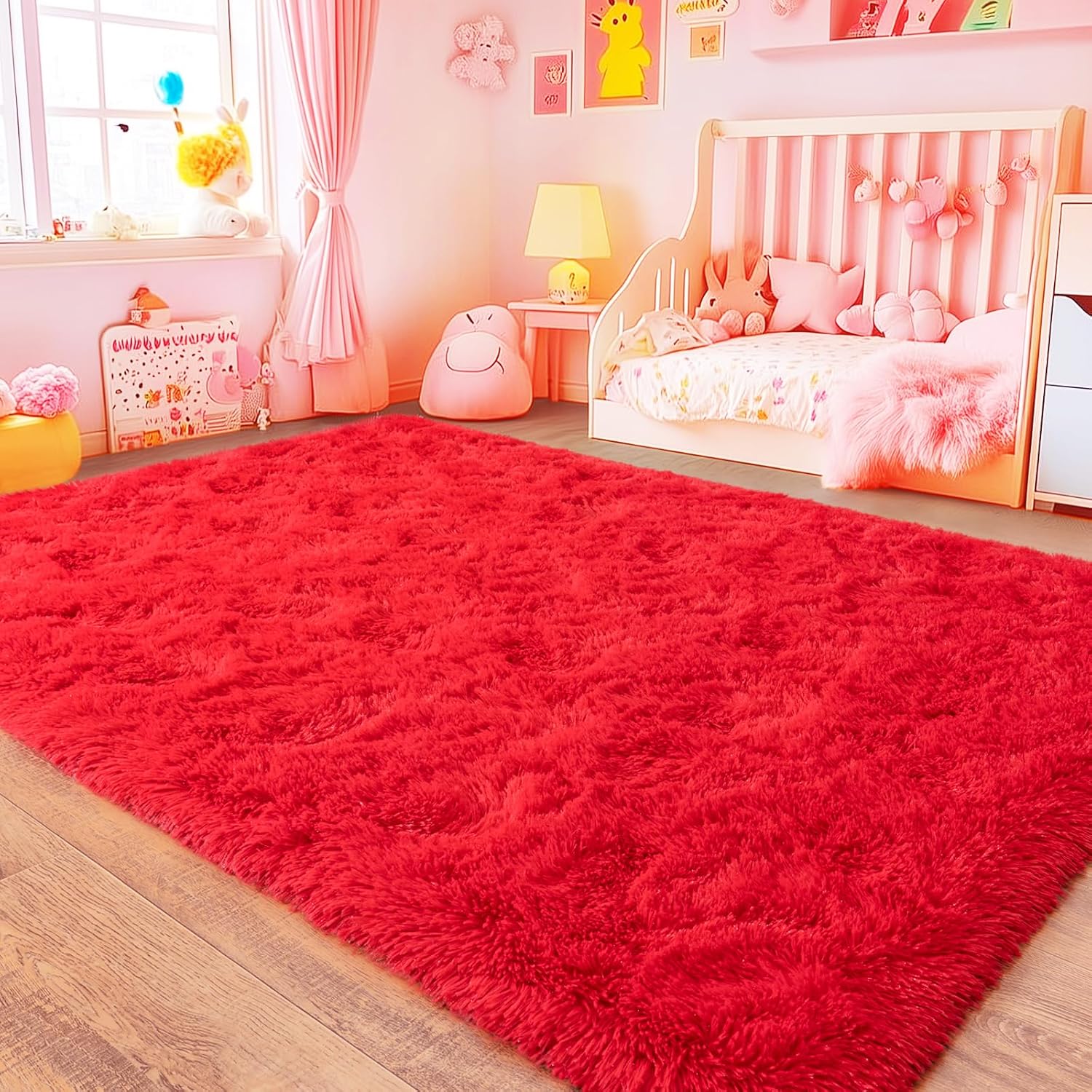 Red Area Rug 4x6 for Bedroom, Fluffy Shaggy Dorm Room Carpet, Soft Plush High Pile Non-Slip Indoor Rugs for Living Room Nursery Home Decor Aesthetic 4' x 6' (Rectangular) Red