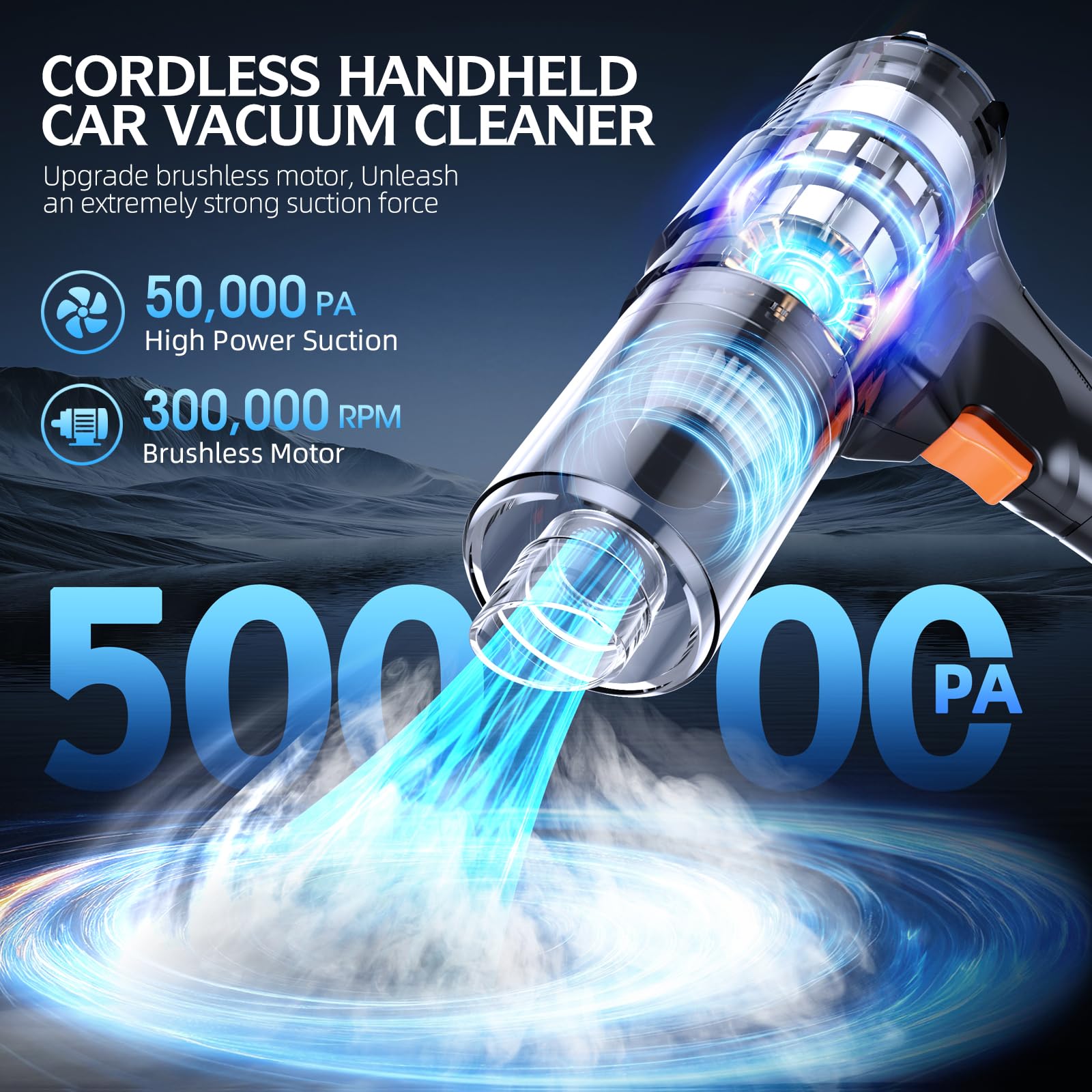 Cordless Handheld Car Vacuum Cleaner, 50,000Pa High-Power Brushless Motor, Rechargeable Dust Buster with 2 Batteries & Charger, 6-in-1 Portable Vacuum Cleaners for Home, Pet Hair, Bright Black