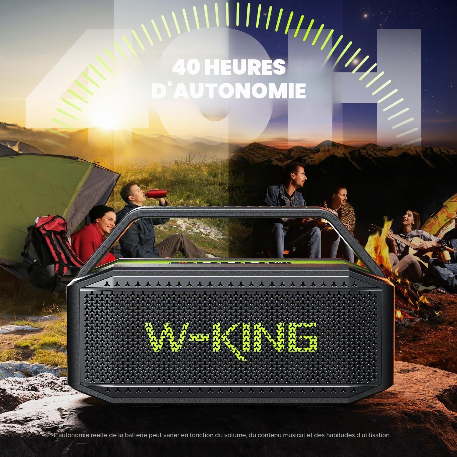 W-KING Enceinte Bluetooth Puissante, (100W Max)60W Haut Parleur Chantier Etanche Portable sans Fil Bluetooth Speaker Outdoor Boombox avec des Deep Bass, Powerbank, Autonomie 40 Hrs, AUX, Carte TF, EQ