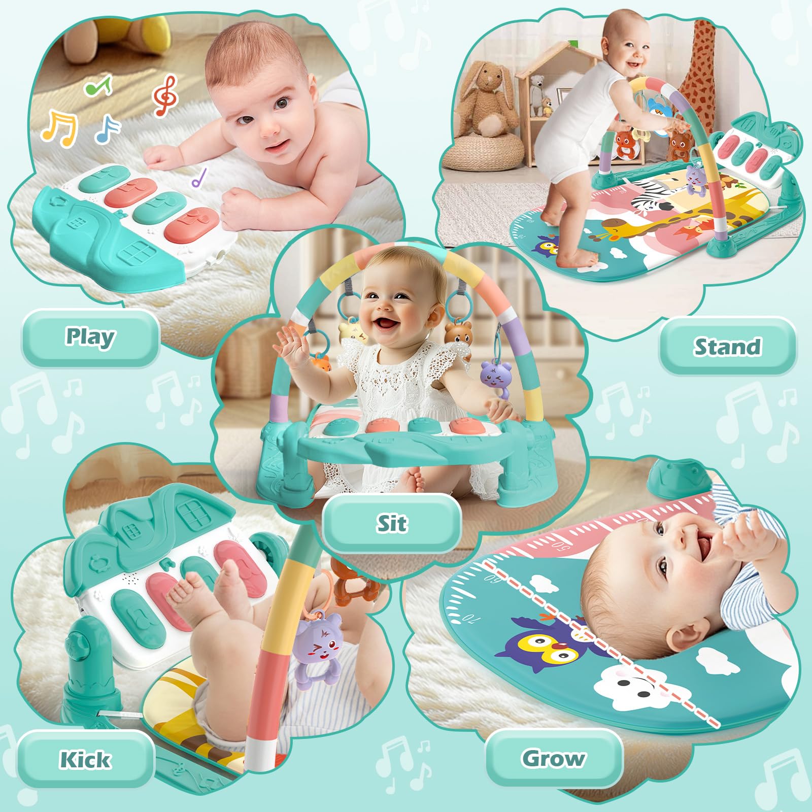 Tapis d'éveil Bébé 0-6 Mois avec Hochets et Musique de Piano, Tapis Sensoriel Motricité Vert