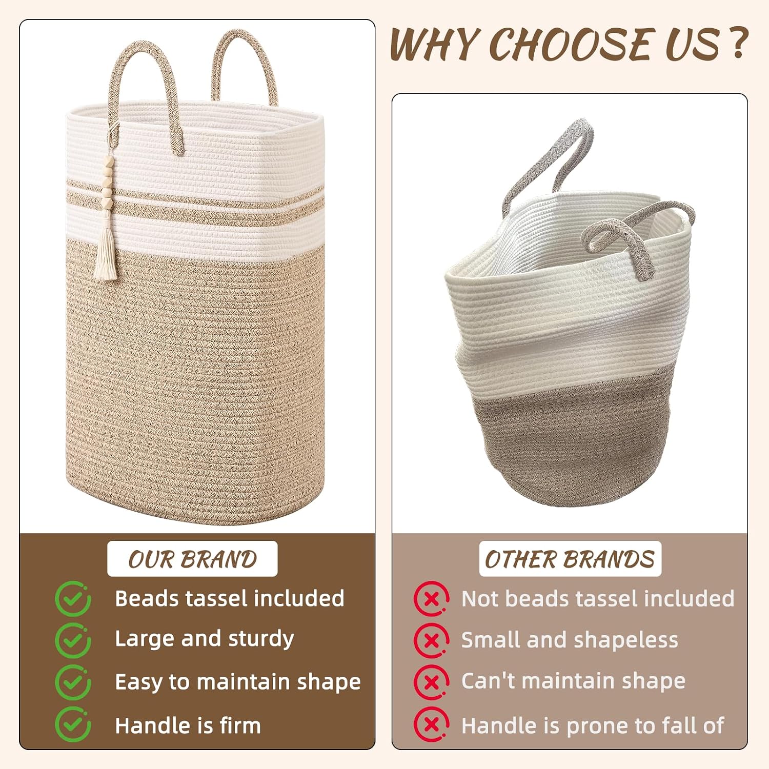 Woven Laundry Basket for Clothes, 80 L Large Rectangle Laundry Hampers with Beads Tassel, Nursery Storage Basket for Toys, Tall Dirty Clothes Hamper for Bedroom Aesthetic, Laundry Room Organization image 4