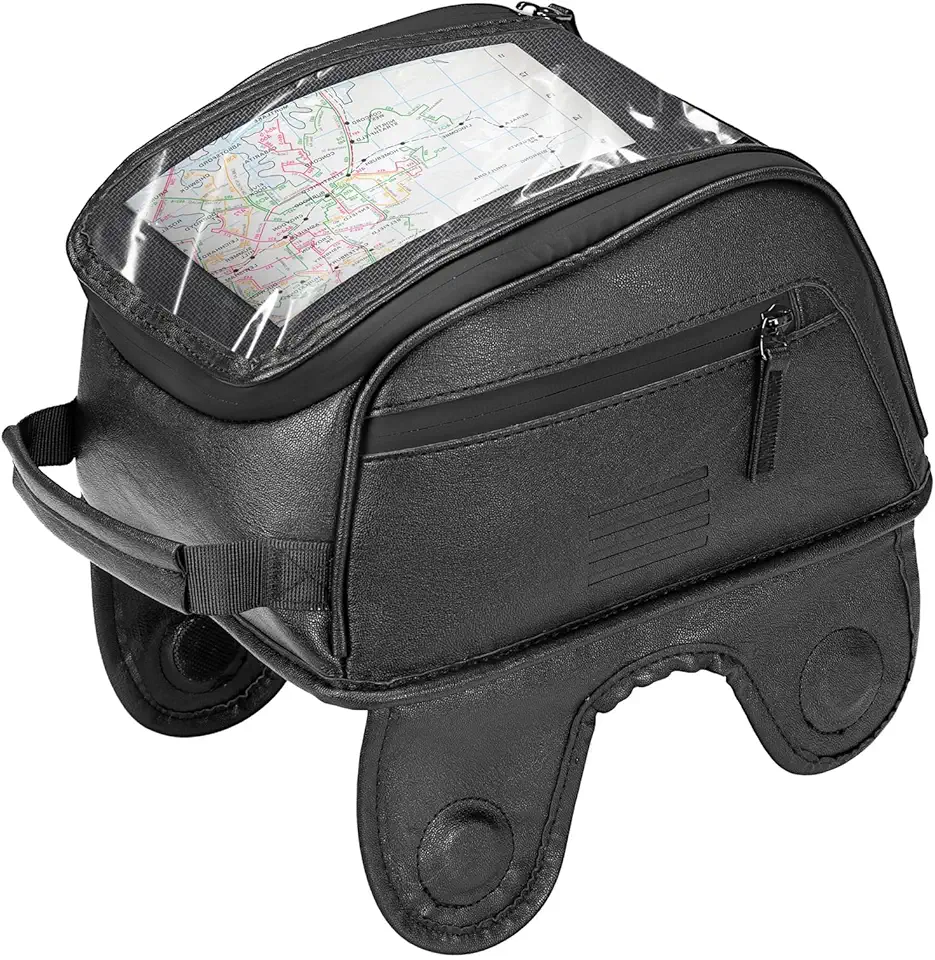 KEMIMOTO Motorcycle Tank Bag, PU Leather Waterproof Magnetic Gas Tank Bag, Large-sized Transparent Touch Screen Film 7L, Black