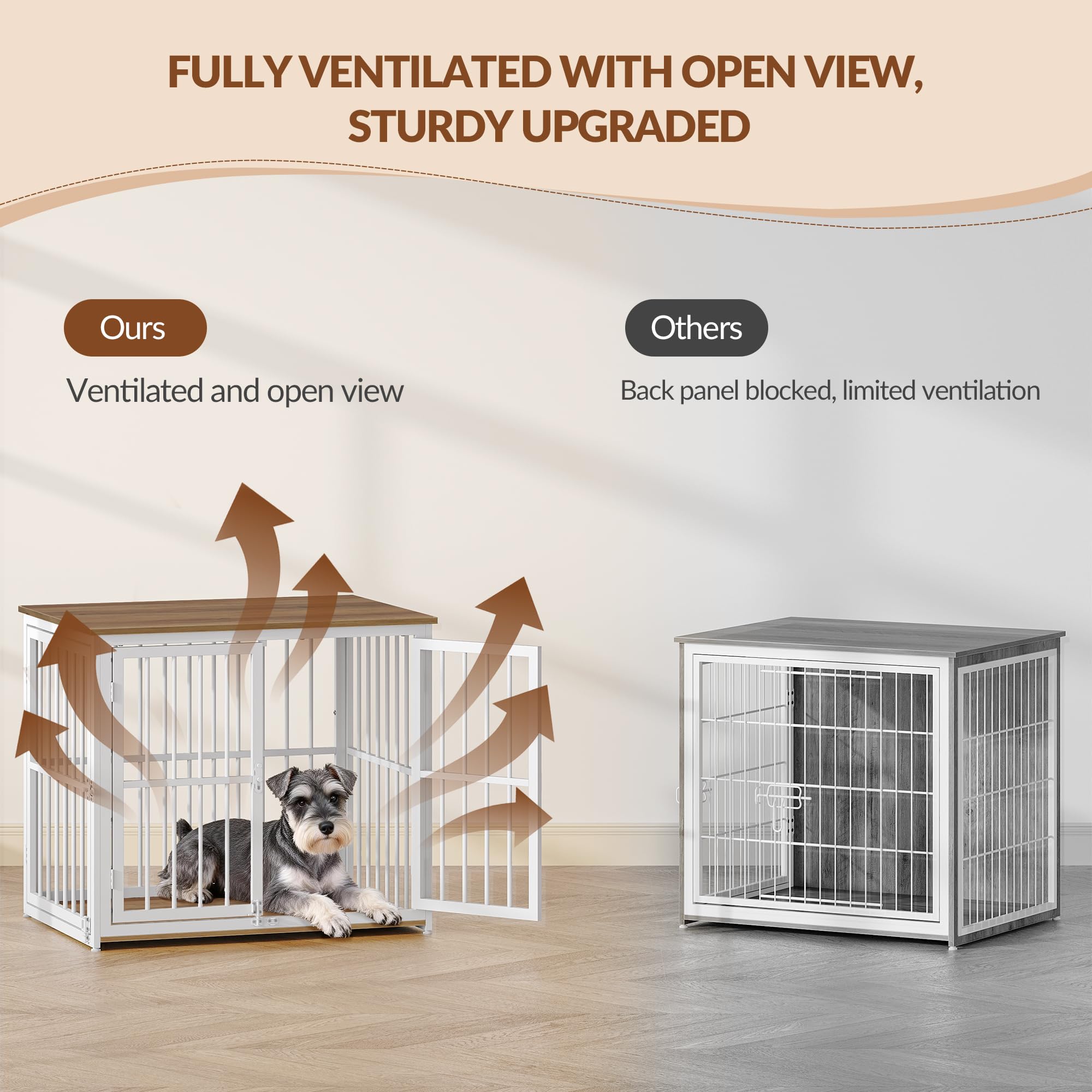 Hundekäfig Möbel, 80cm Hundebox für Zuhause mit 3 Türen, Hundebox Holz Indoor, Beistelltisch, Hundekäfig Hochbelastbar, für Kleine und Mittelgroße Hunde, 80x60x70cm, Vintagebraun & Weiß