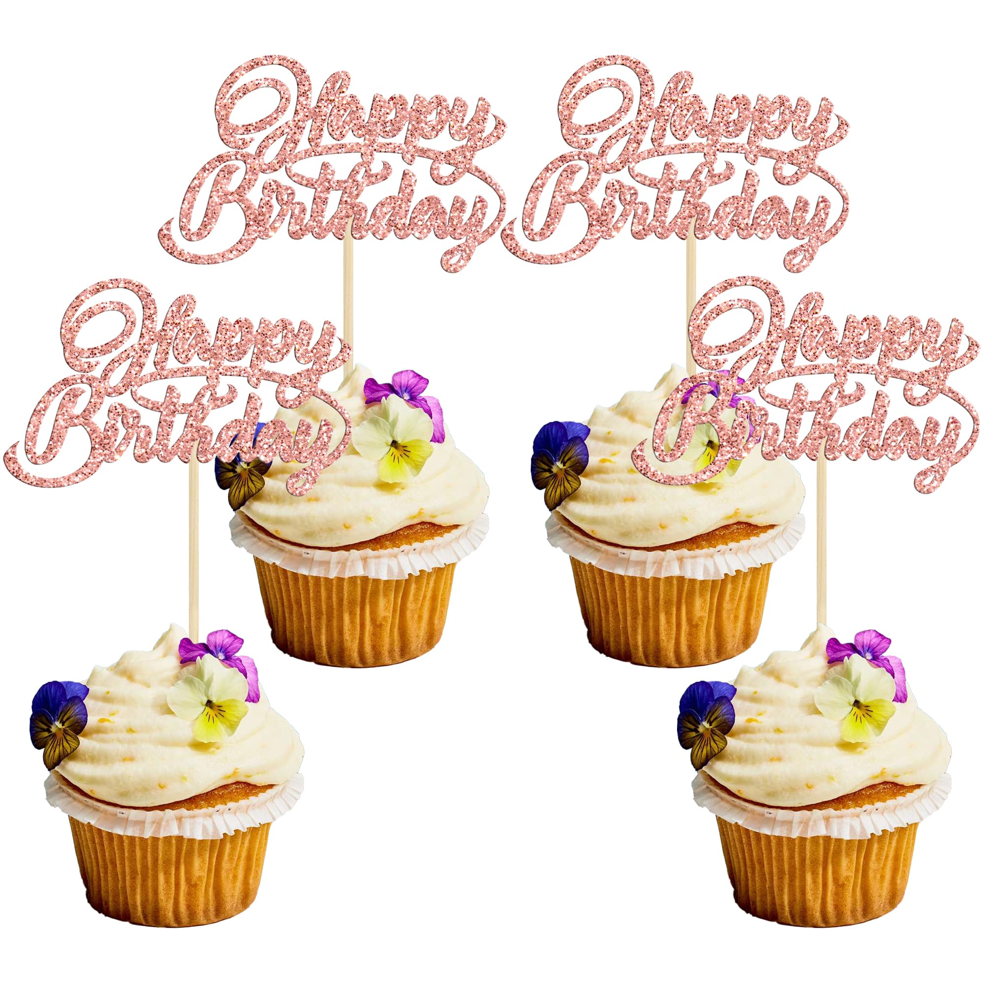 24pcs Happy Birthday Cupcake Toppers - Glitter Celebrating Cupcake Picks - Baby Shower & Kids Birthday Party Decorations - Rose Gold