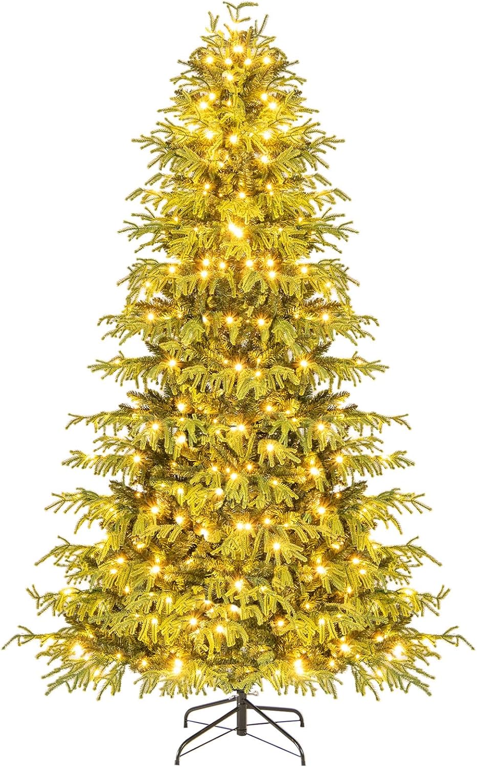 GOFLAME 7FT Pre-lit Artificial Christmas Tree, Hinged Xmas Tree with 370 Warm White LED Lights, 1090 TPE & PVC Mixed Branch Tips & Folding Metal Stand, Holiday Decoration Tree for Home Office Party