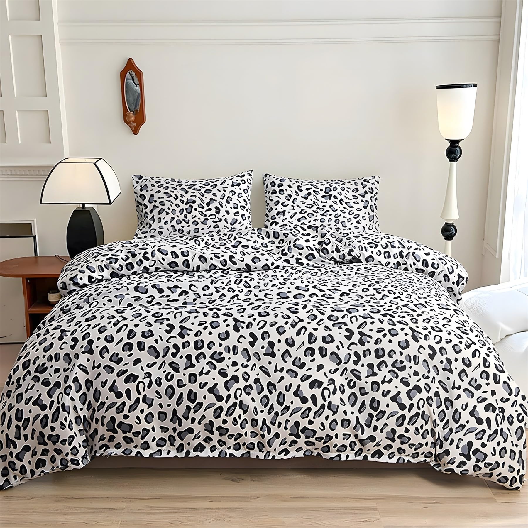 Housse de couette 240x260 léopard gris avec 2 taies d'oreiller