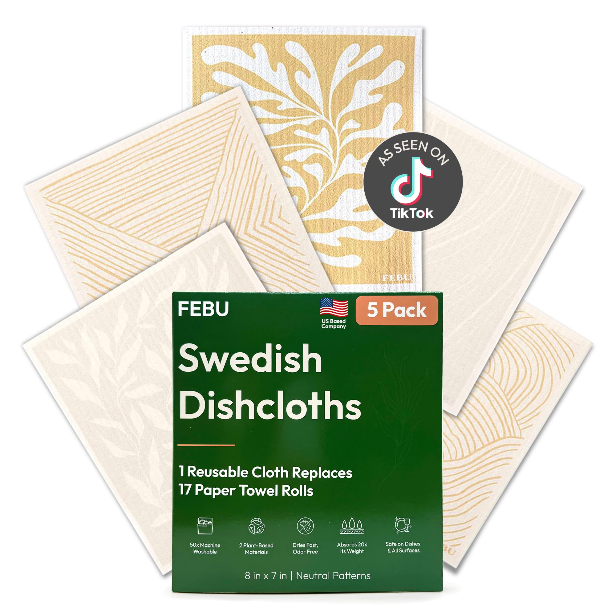 Sponsored Ad - FEBU Swedish Dishcloths for Kitchen | 5 Pack Neutral Reusable Paper Towels Washable | Swedish Dish Towels | Non-Scratch Cellulose Sponge Cloths | No Odor, Biodegradable Cleaning Cloths