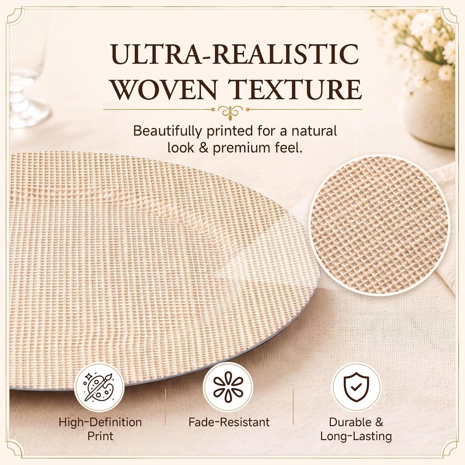 13in Wedding Jute Texture Charger Plate 12 Pcs, Simple Table Decor