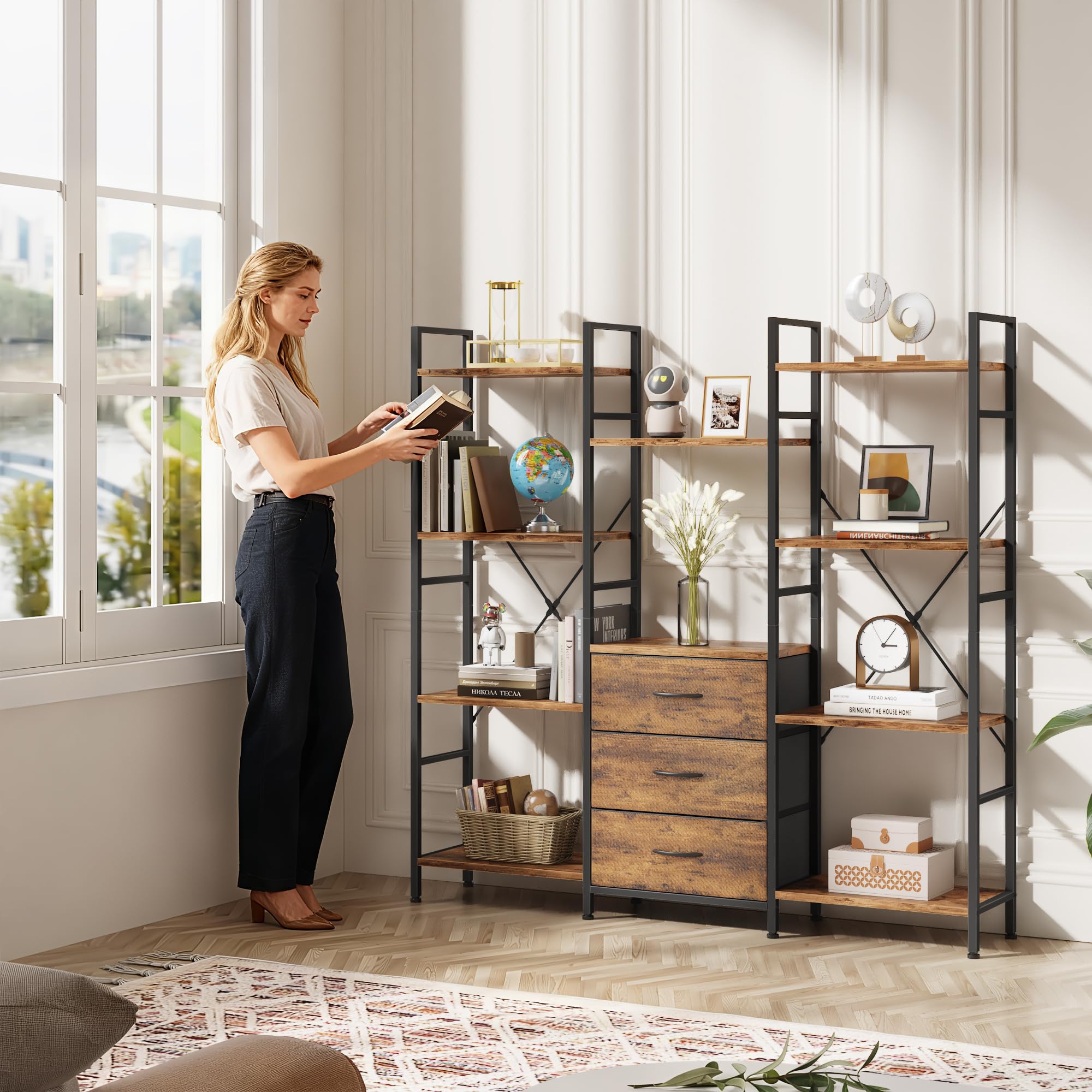 Bücherregal mit 3 Schubladen 120x142cm Standregal Raumteiler Industrial Style 10 offene Fächer 142cm Hoch