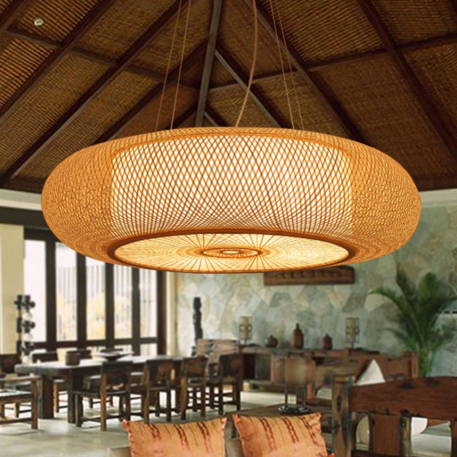 Pendellampe Retro Bambus Gewebte Kronleuchter Land Natürlichen Bambus Pendelleuchte Handgewebten Hängeleuchten E27 Höhenverstellbare Deckenlampe Restaurant Teestube Deko Korridor Nacht Hängelampe,80cm