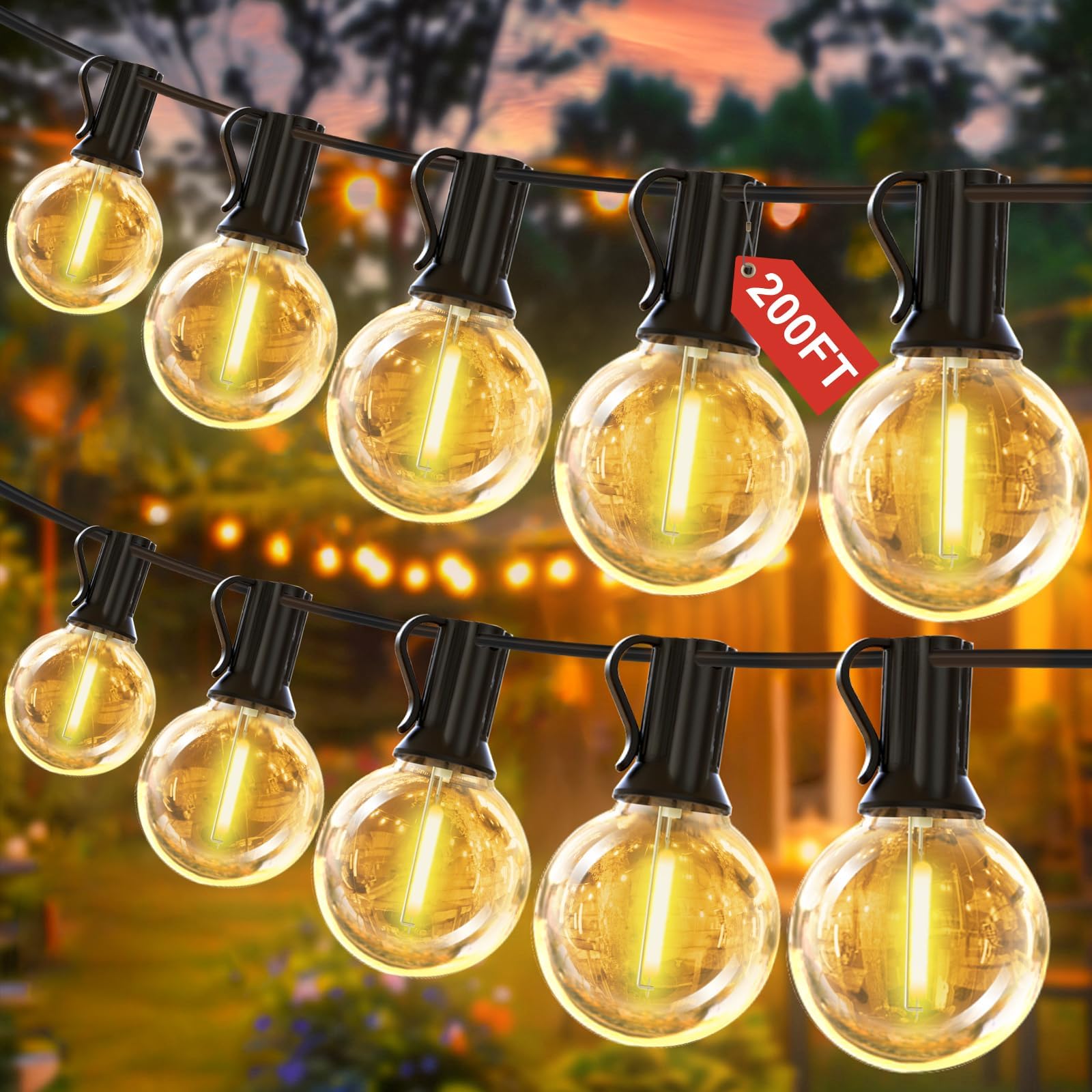 Yuucio Outdoor LED String Lights 200FT, 60M Festoon Lights Mains Powered with 104 Plastic Bulbs(4 Spare), Shatterproof Waterproof IP45 for Garden,Patio,Backyard,Gazebo, Wedding,Party,Warm White 2700K [Energy Class G]