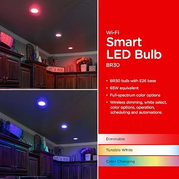 UltraPro Wi-Fi LED Smart Light Bulb, BR30, 65W Equivalent, RGB, Color Changing, White Select Tunable 2700K - 6500K, Dimmable, 2.4GHz Router Required, Circadian Rhythm, Easy-to-Use App, 2 Pack, 51452