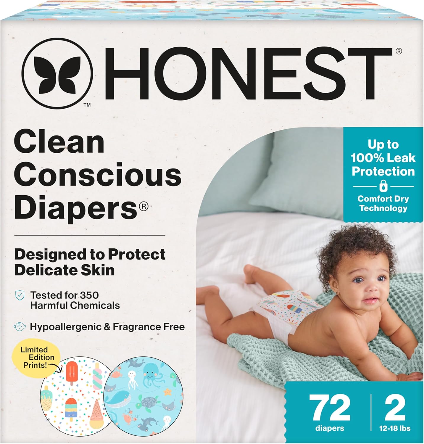 The Honest Company Clean Conscious Diapers for Delicate Skin | Up to 100% Leakproof | Hypoallergenic, Fragrance Free | Summer '25 Limited Edition Prints | Club Box, Size 2 (12-18 lbs), 72 Count Size 2 (72 Count)