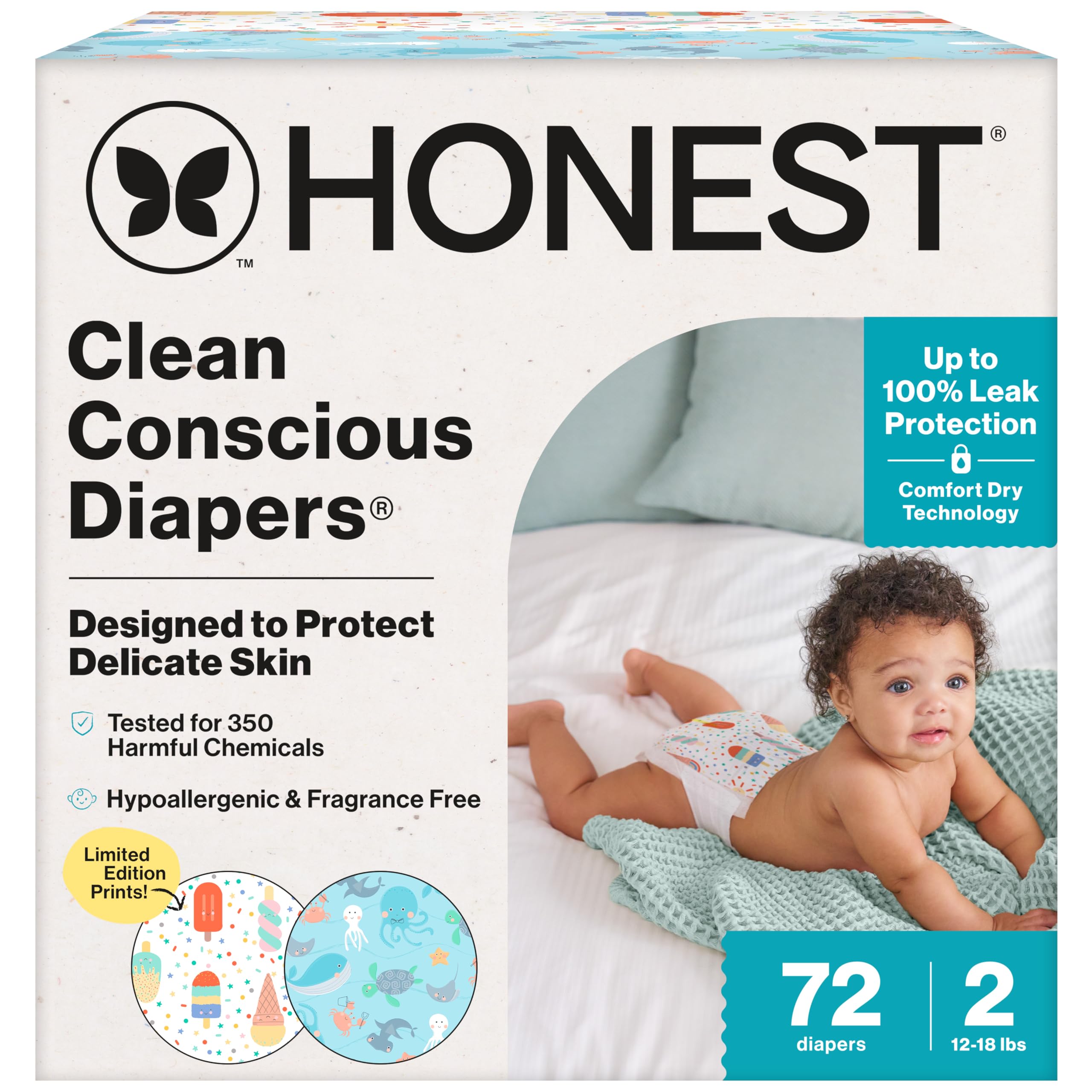 The Honest Company Clean Conscious Diapers for Sensitive Skin | Up to 100% Leakproof | Hypoallergenic, Fragrance Free | Summer '25 Limited Edition Prints | Club Box, Size 2 (12-18 lbs), 72 Count