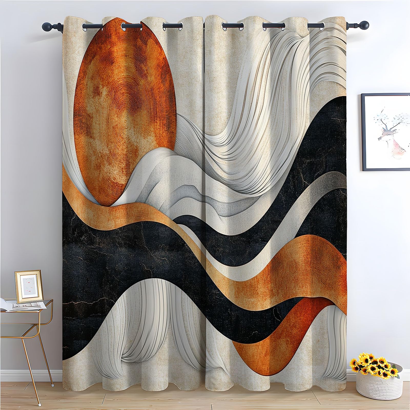 TERUEA Blackout Curtains Abstract curved line retro orange sun Green Floral Patterned Curtains Vintage Art Deco Drapes Thermal Insulated Room Darkening Curtains-52 W x 96" L (Pack of 2)