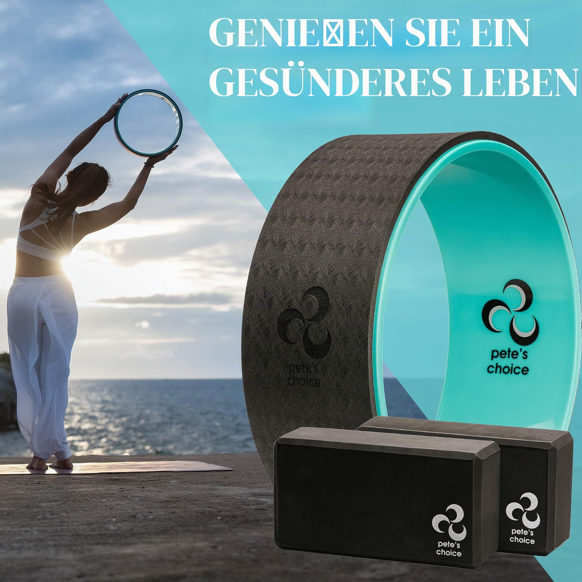 Yoga Set für Anfänger – Fitness Set mit Yogarad, 2 Blöcken, Zusätzlichem eBook und Gurt. Fitness Zubehör für Anfänger | Geschenk für Fans