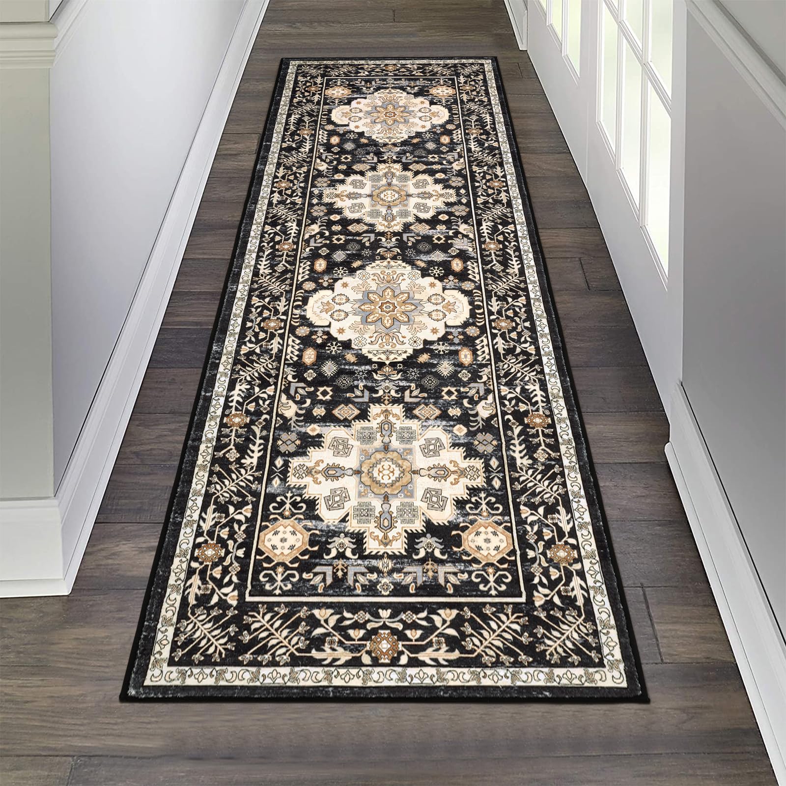 Alfombra vintage de 2 x 6 pies, tapete negro envejecido antideslizante para cocina