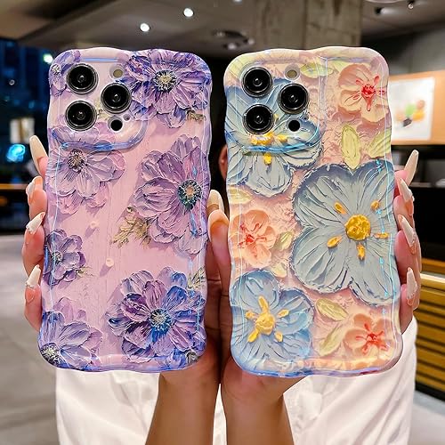 Miniatura 5 de SPOBIT Funda para iPhone 14 Pro Max, colorida pintura al óleo retro flor linda rizada con borde floral para mujeres y niñas, protección de cámara,