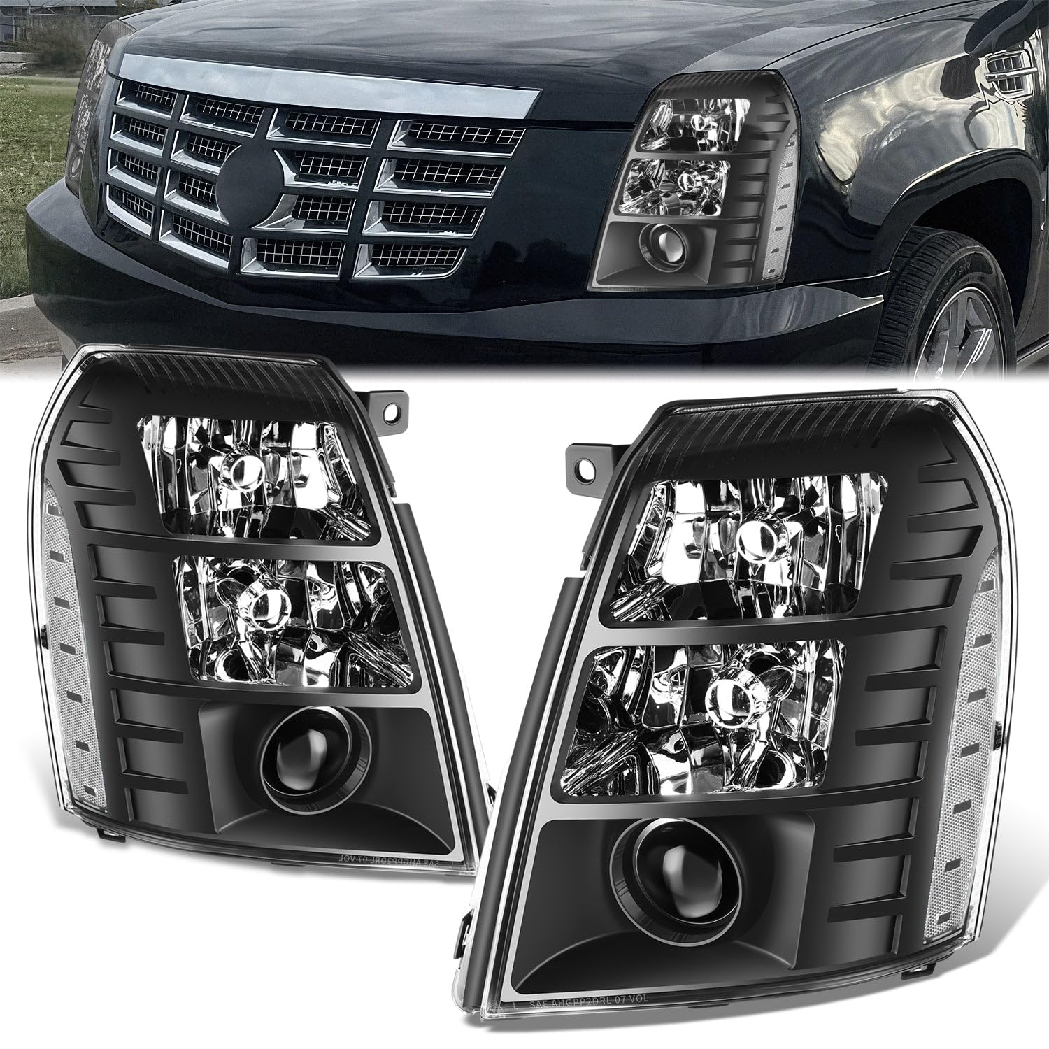 Headlights Assembly Compatible with 2007-2014 Escalade ESV EXT Left Right Factory Style Headlamps with Projector Beam Black Housing Clear Corner GM2502291 GM2503291 15916967 15916968
