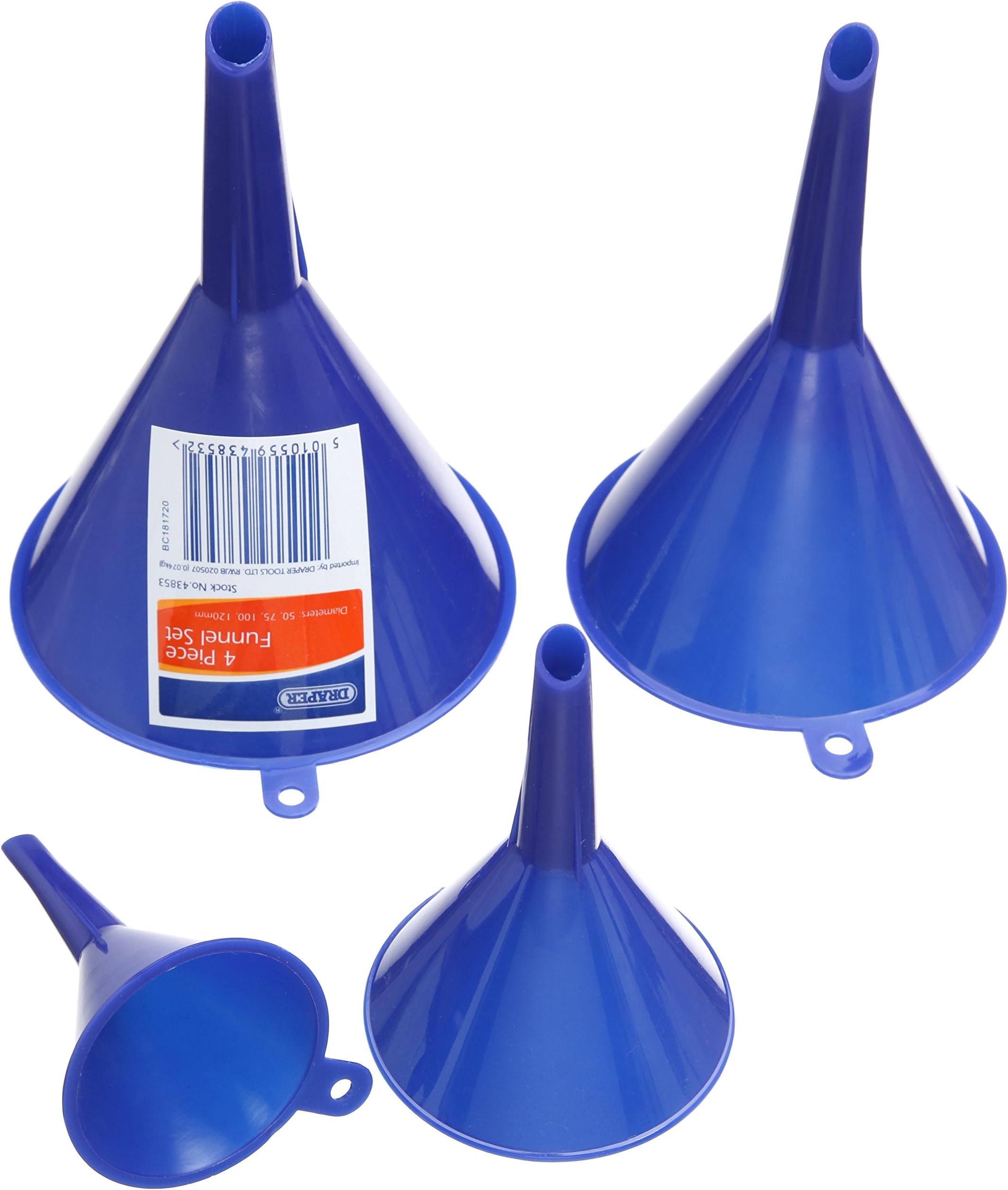 4 Piece Plastic Funnel Set | 50mm | 75mm | 100mm | 115mm | Filling Bottles and Containers Funnels | Multifunction Funnel Kit | 43853, Blue