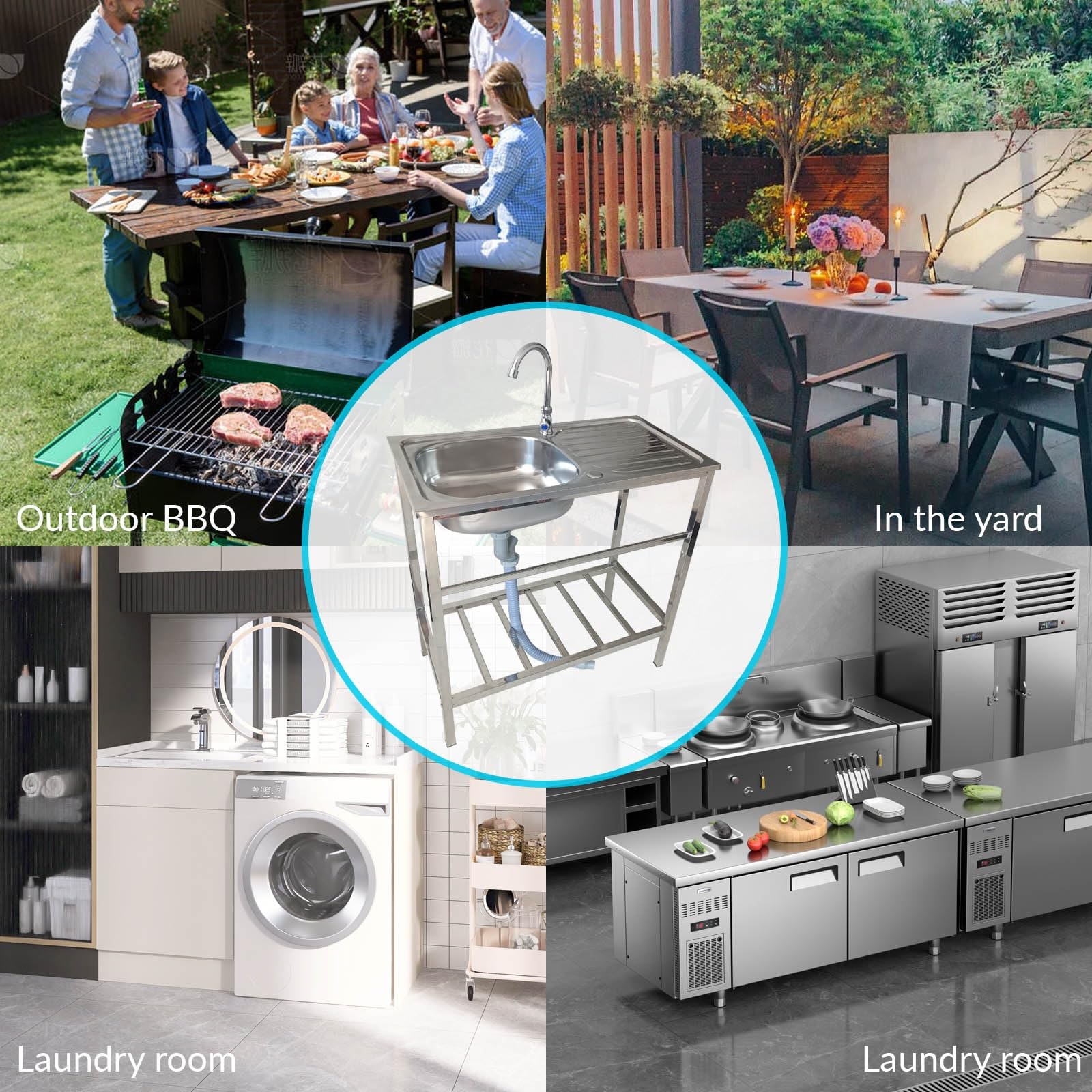 Evier Exterieur De Jardin Evier Cuisine Inox Sur Pied avec Robinet Et étagères De Rangement Evier De Restaurant Commercial Pour Garage/Appartement/Sous-Sol/Boutique Facile à Nettoyer(75x40xH75cm)