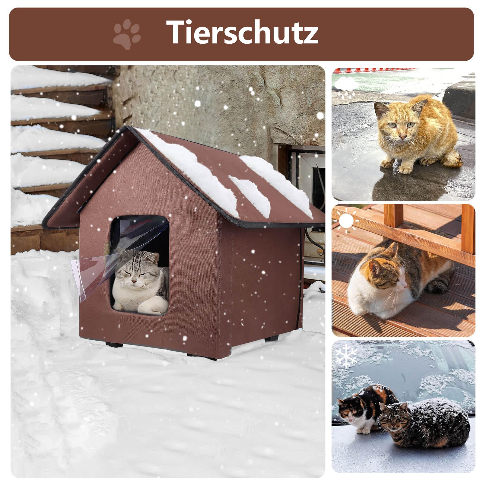 Caseta para gatos al aire libre, impermeable, con suelo elevado y cojín extraíble, plegable, para exteriores, casa de invierno para gatos salvajes y perros pequeños, color marrón